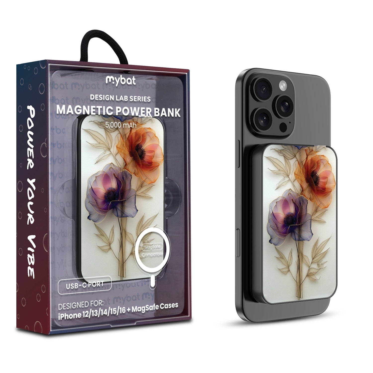 MyBat Design Lab 5000mAh Magnetic Wireless Power Bank - Black - Pressed Flowers