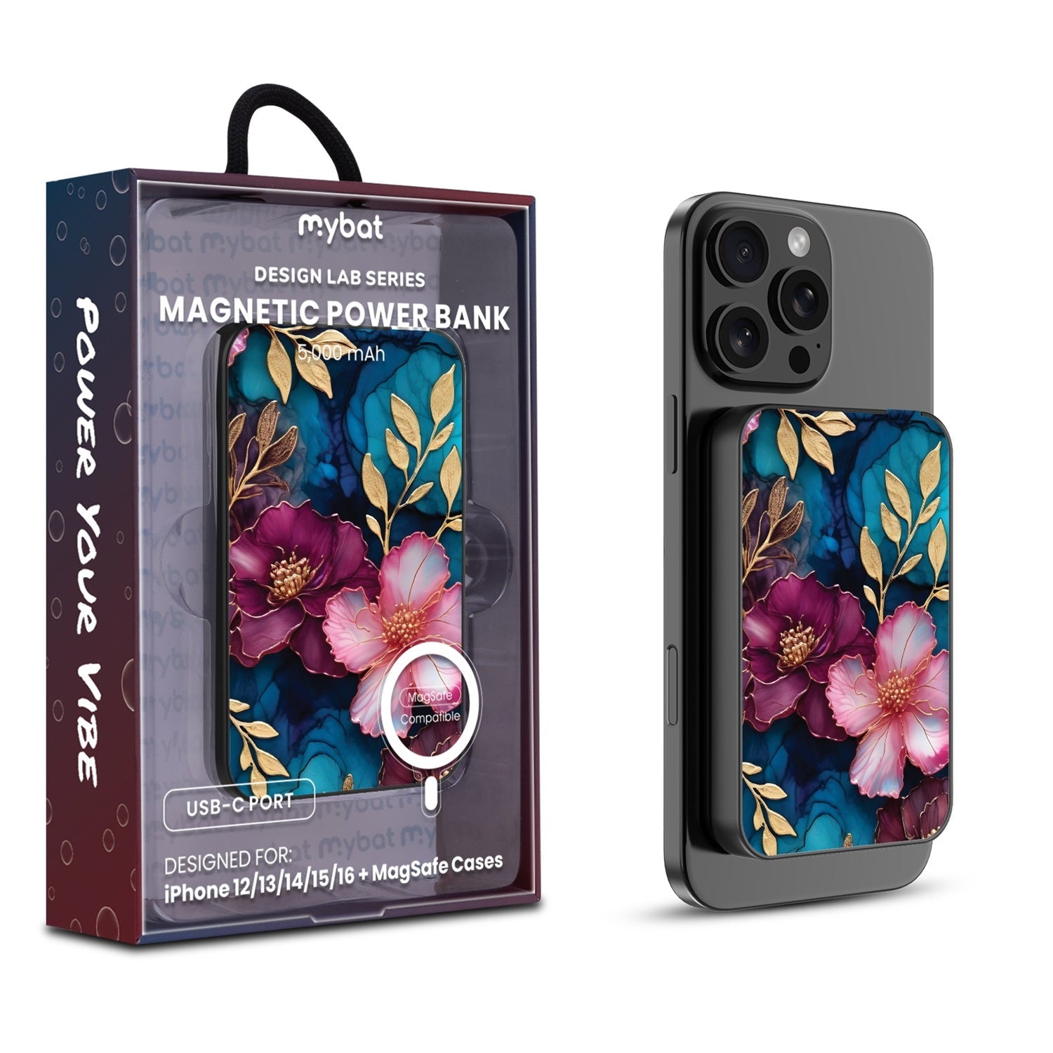 MyBat Design Lab 5000mAh Magnetic Wireless Power Bank - Black - Gilded Petals