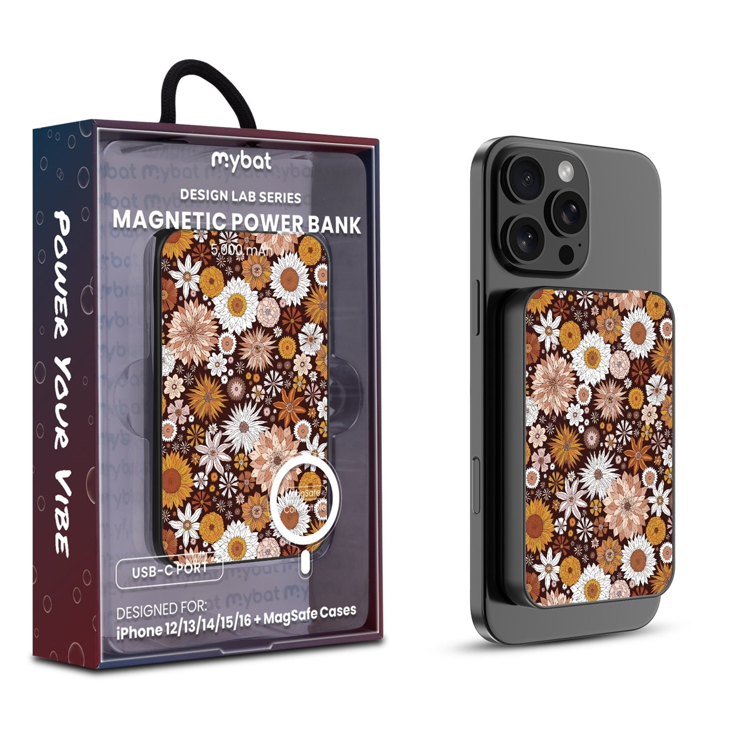 MyBat Design Lab 5000mAh Magnetic Wireless Power Bank - Black - Autumn Florals
