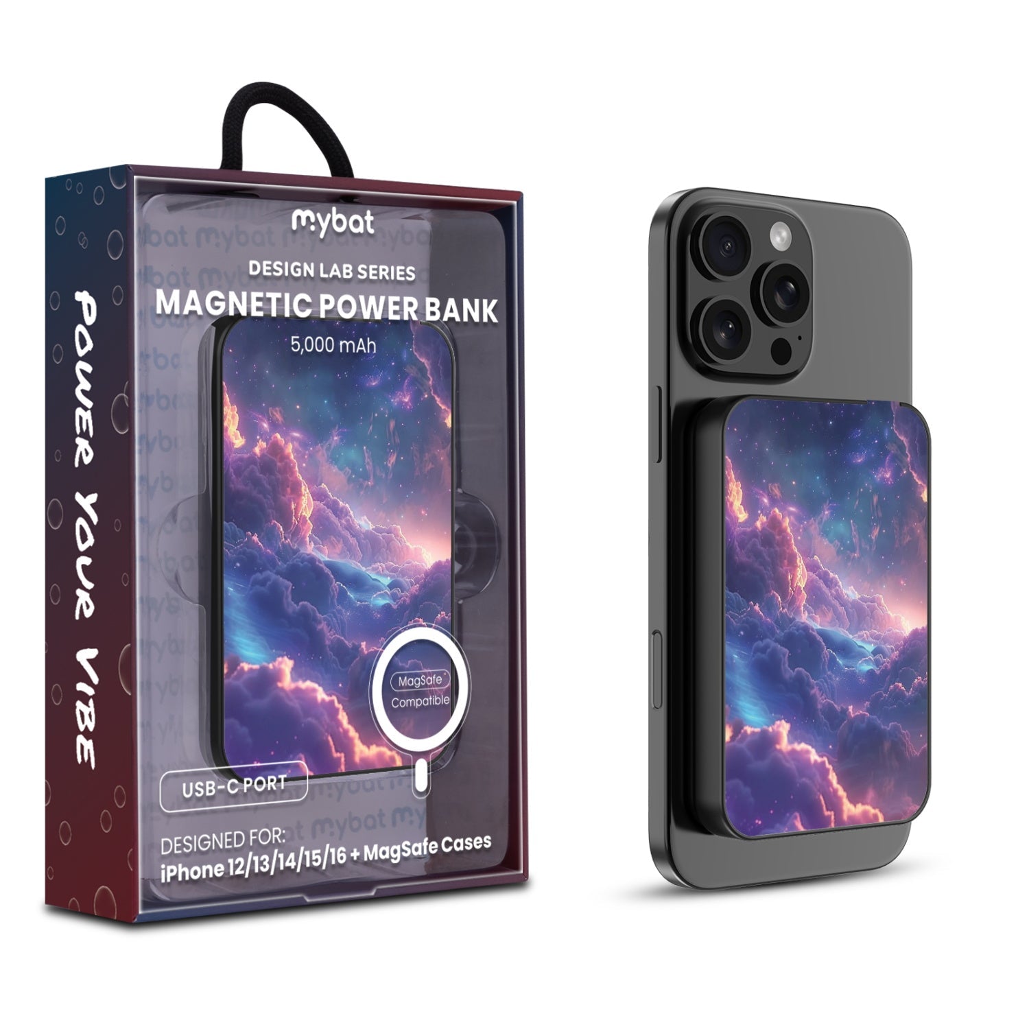 MyBat Design Lab 5000mAh Magnetic Wireless Power Bank - Black - Galaxy Clouds