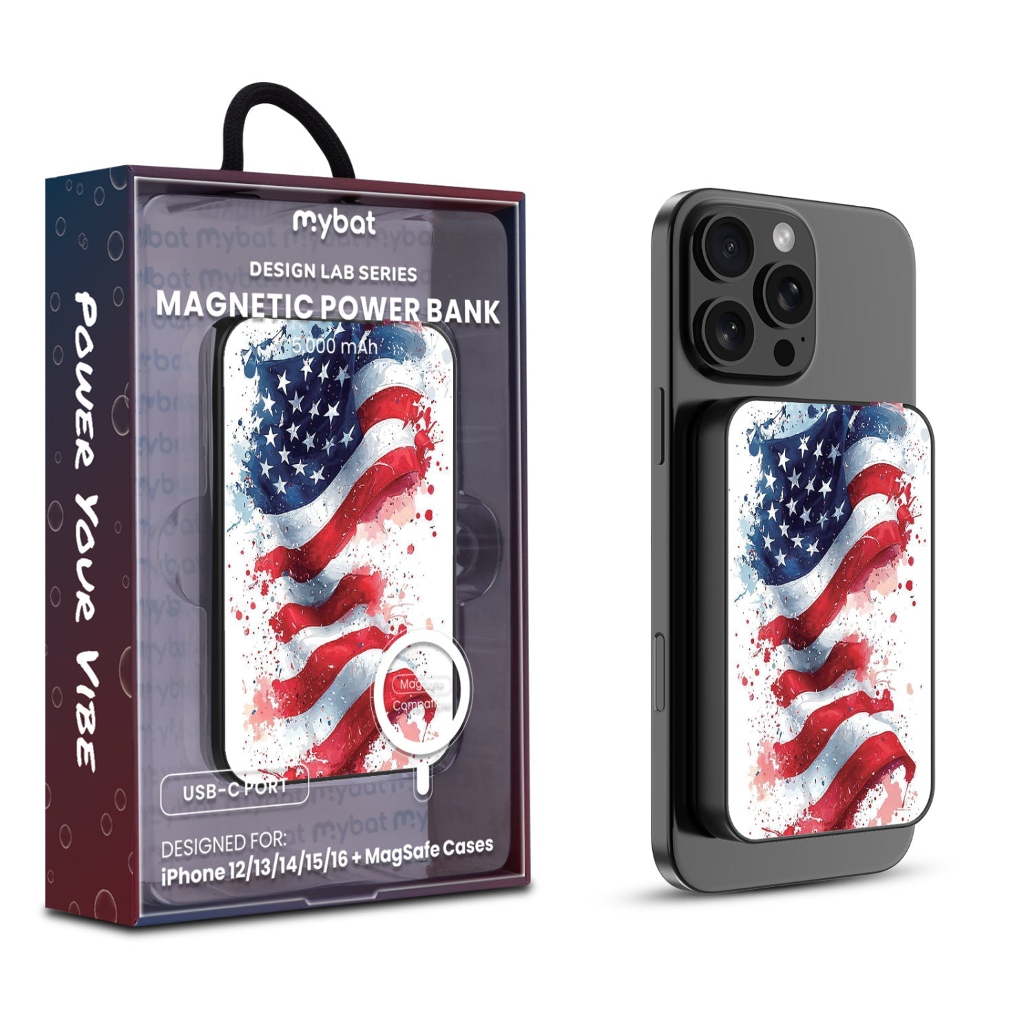 MyBat Design Lab 5000mAh Magnetic Wireless Power Bank - Black - Patriotic Flag Painiting