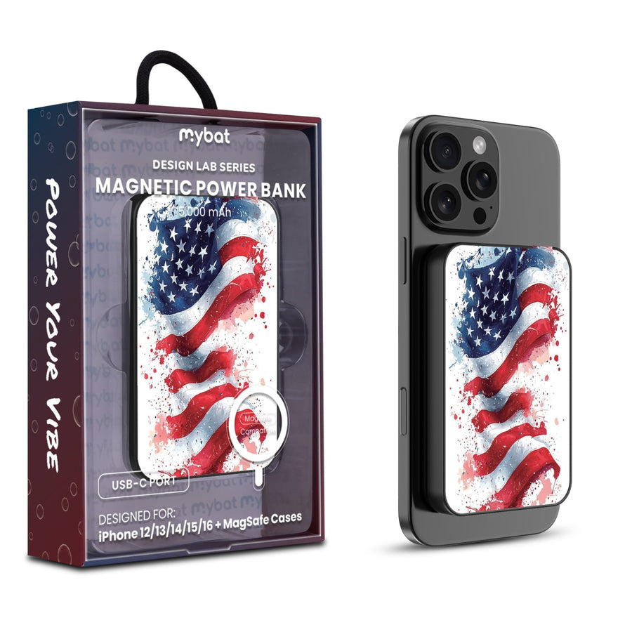 MyBat Design Lab 5000mAh Magnetic Wireless Power Bank - Black - Patriotic Flag Painiting