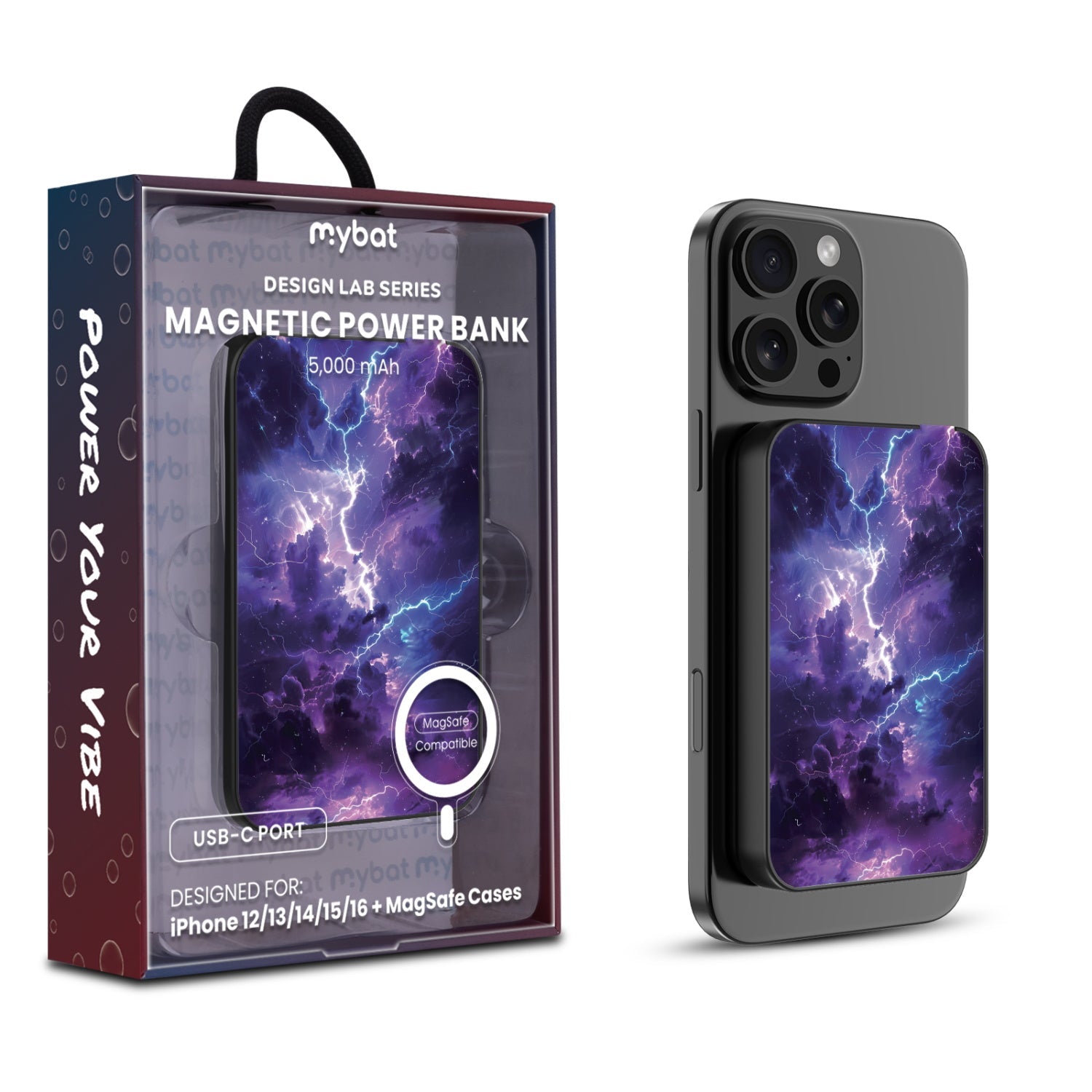 MyBat Design Lab 5000mAh Magnetic Wireless Power Bank - Black - Lightning Storm