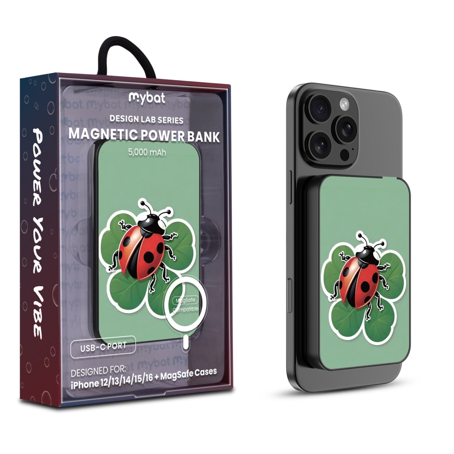 MyBat Design Lab 5000mAh Magnetic Wireless Power Bank - Black - Ladybug Luck