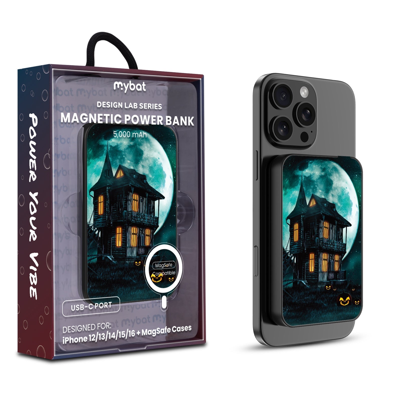 MyBat Design Lab 5000mAh Magnetic Wireless Power Bank - Black - Haunted Mansion