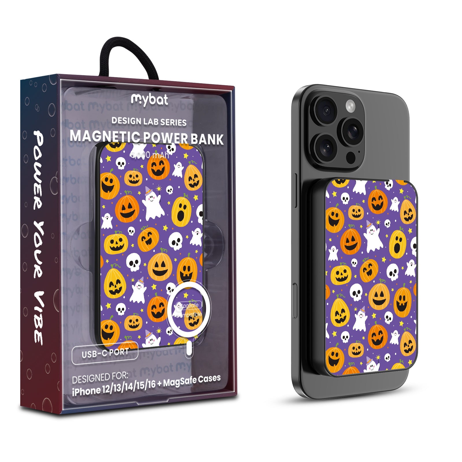 MyBat Design Lab 5000mAh Magnetic Wireless Power Bank - Black - Pumpkin Party - MPBBAT131-BK-404-1.jpg