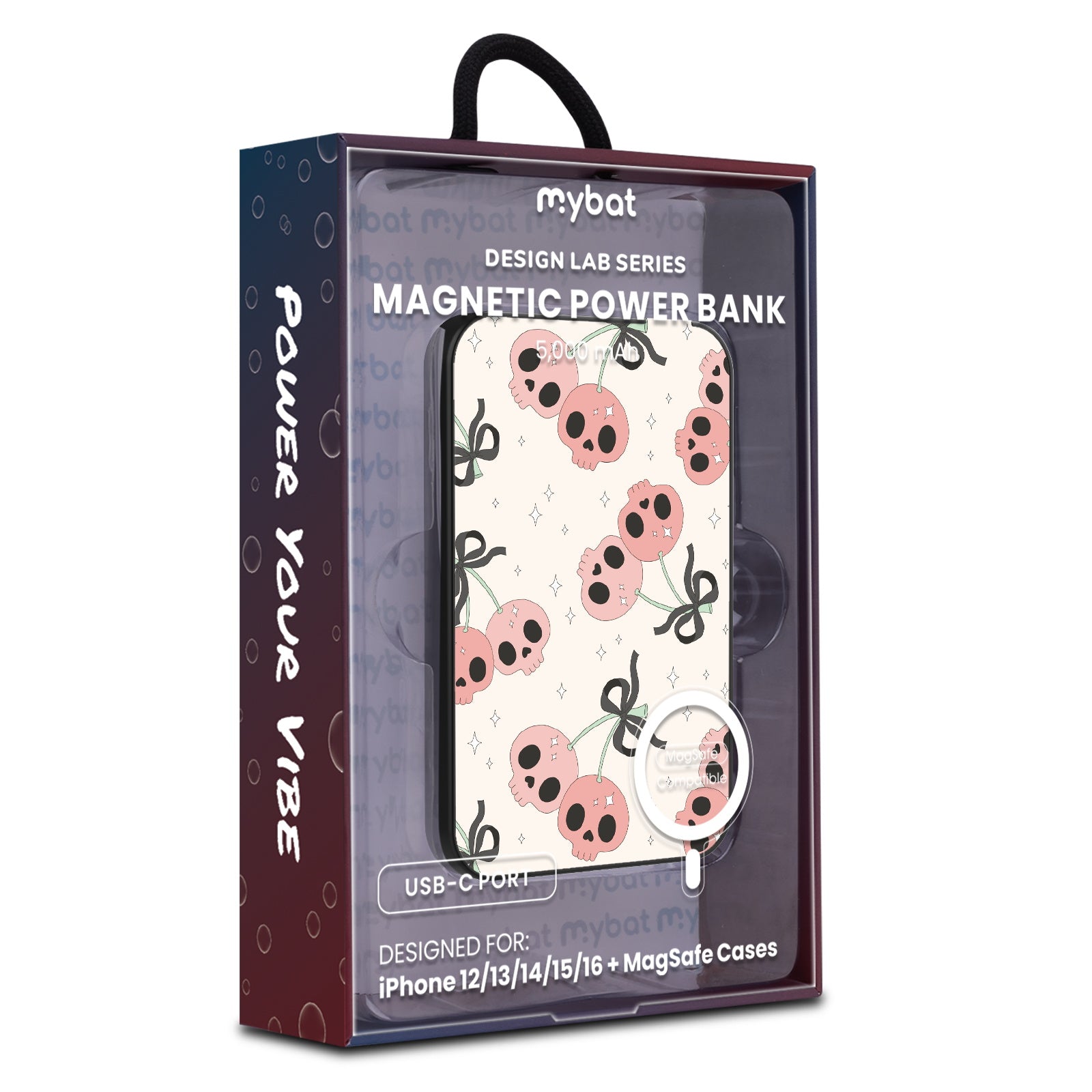 MyBat Design Lab 5000mAh Magnetic Wireless Power Bank - Black - Cherry Skulls