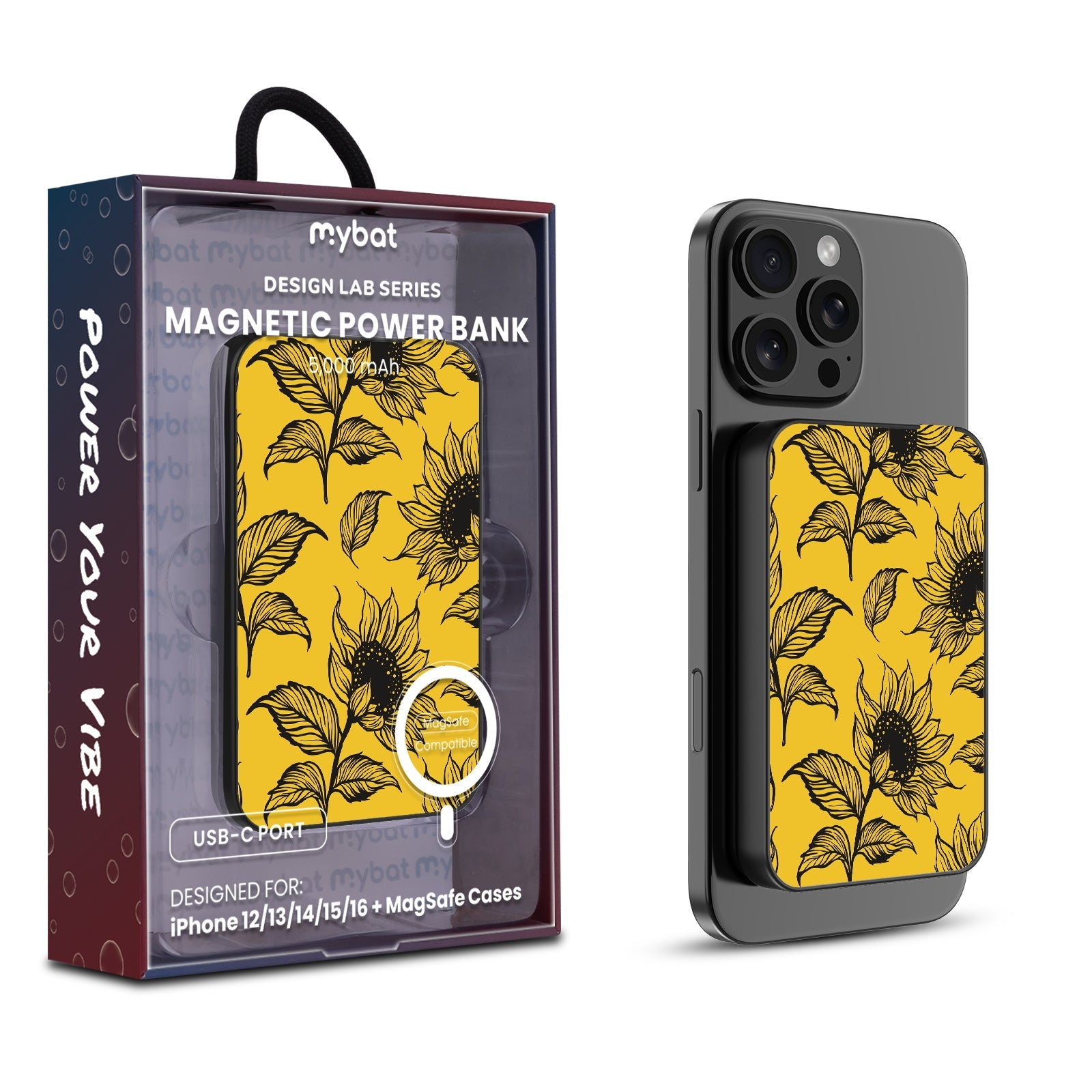 MyBat Design Lab 5000mAh Magnetic Wireless Power Bank - Black - Golden Sunflowers