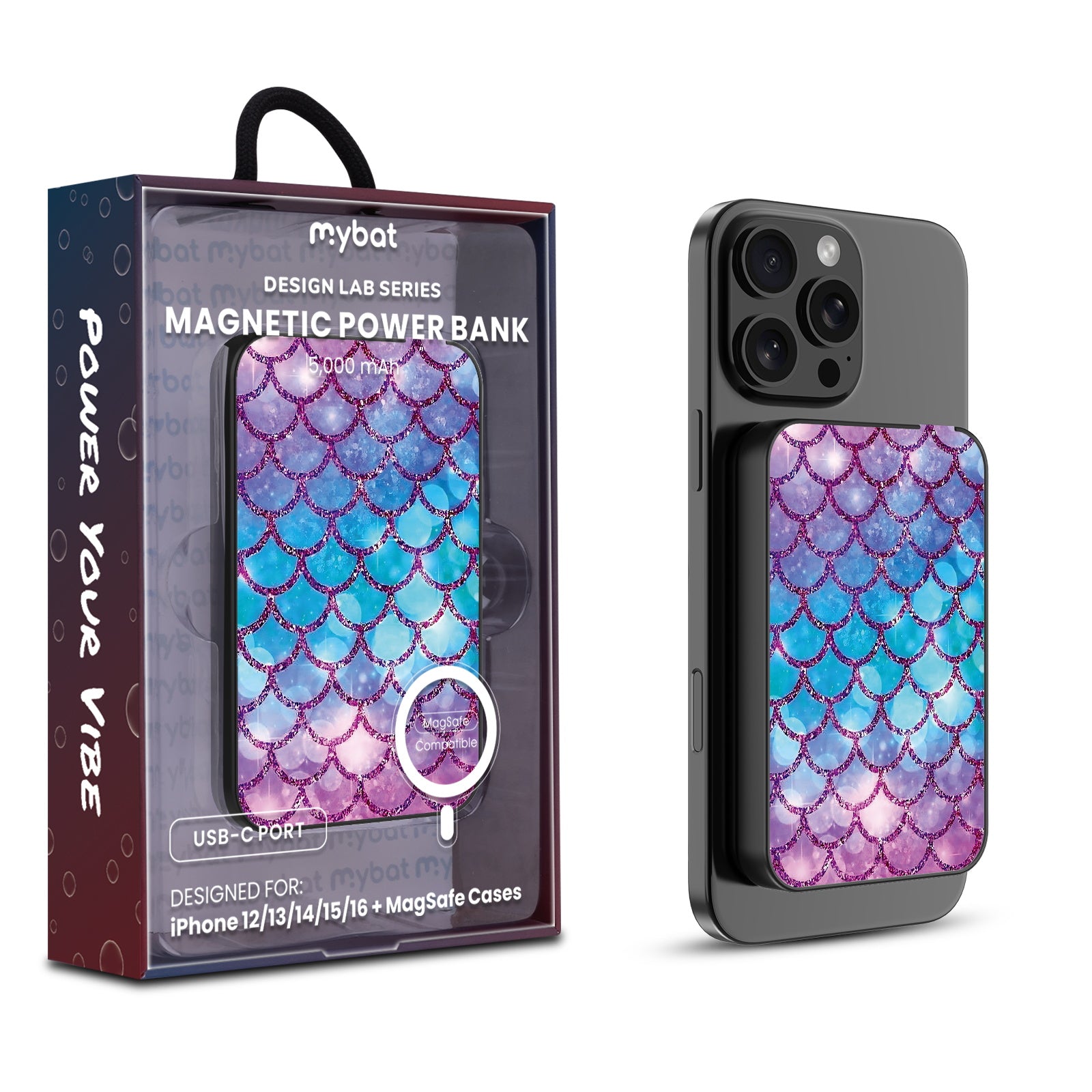 MyBat Design Lab 5000mAh Magnetic Wireless Power Bank - Black - Mermaid Scales - MPBBAT131-BK-458-1.jpg