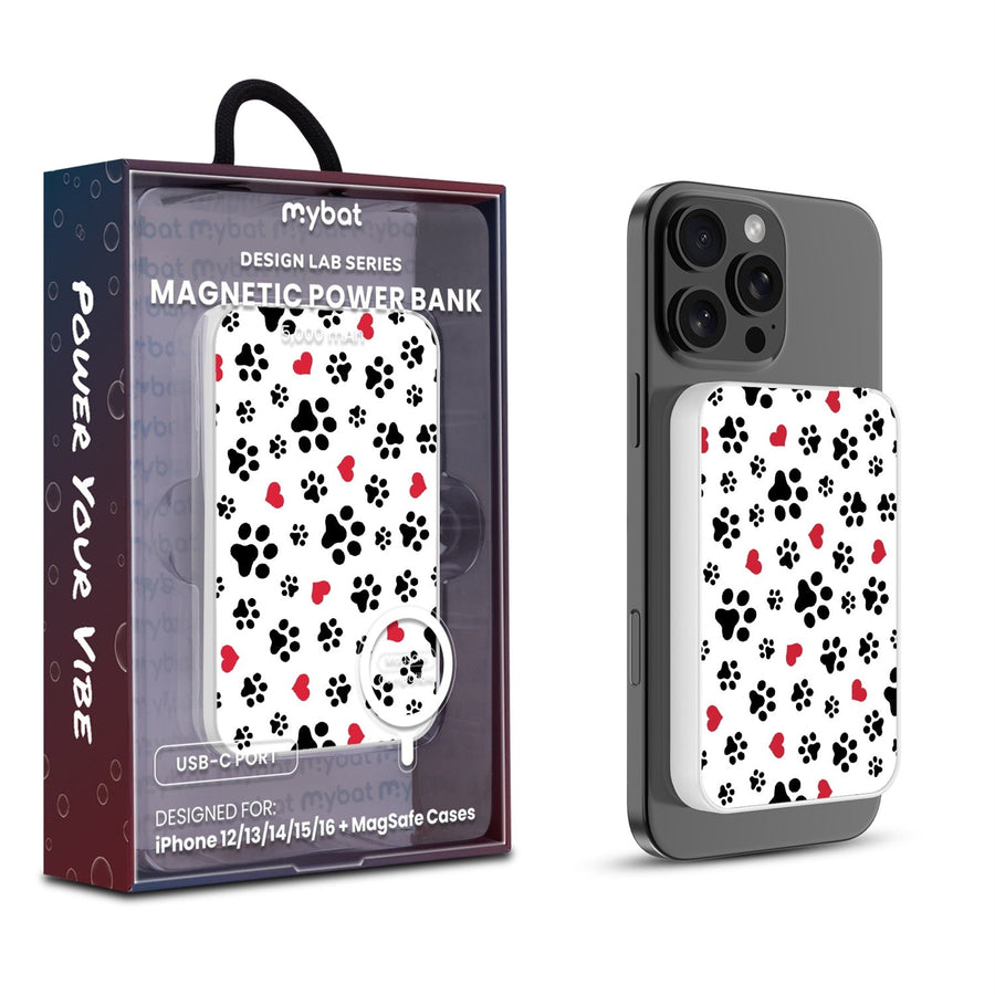 MyBat Design Lab 5000mAh Magnetic Wireless Power Bank - White - Paw Prints and Hearts
