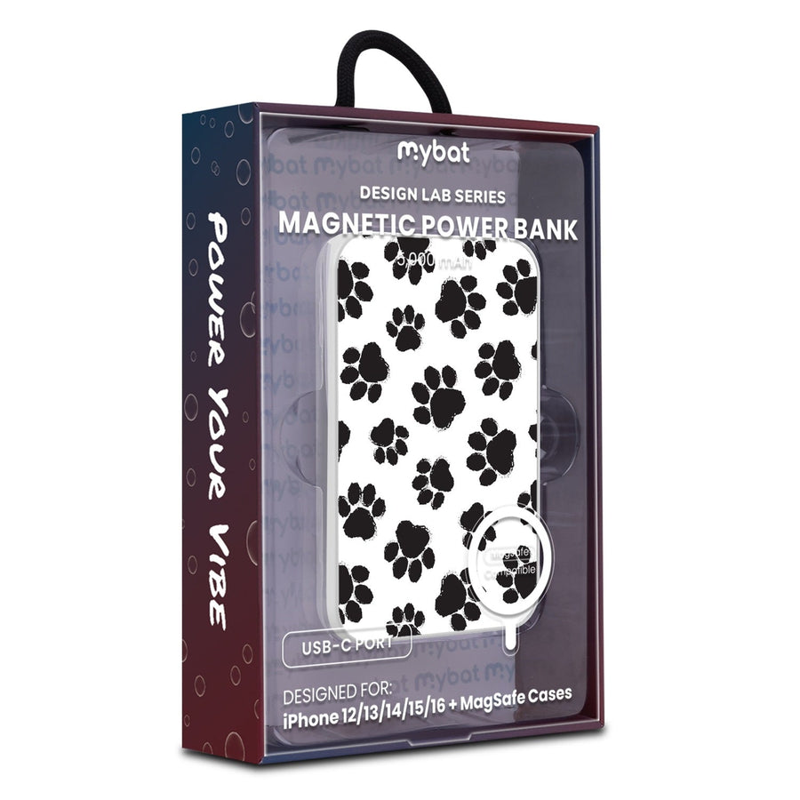 MyBat Design Lab 5000mAh Magnetic Wireless Power Bank - White - Black Paw Prints