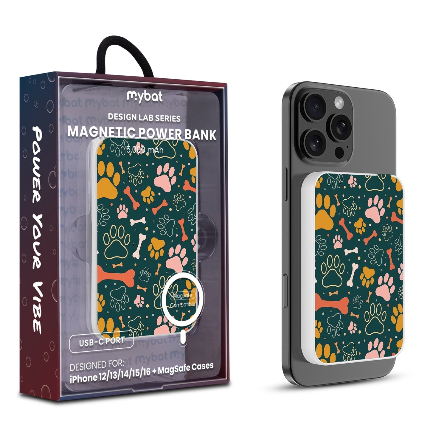 MyBat Design Lab 5000mAh Magnetic Wireless Power Bank - White - Paw Prints & Bones - MPBBAT132-WH-003-1.jpg