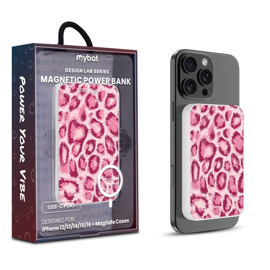 MyBat Design Lab 5000mAh Magnetic Wireless Power Bank - White - Pink Leopard Print