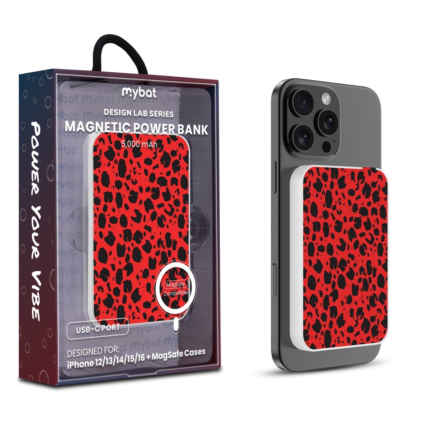 MyBat Design Lab 5000mAh Magnetic Wireless Power Bank - White - Red Leopard Print
