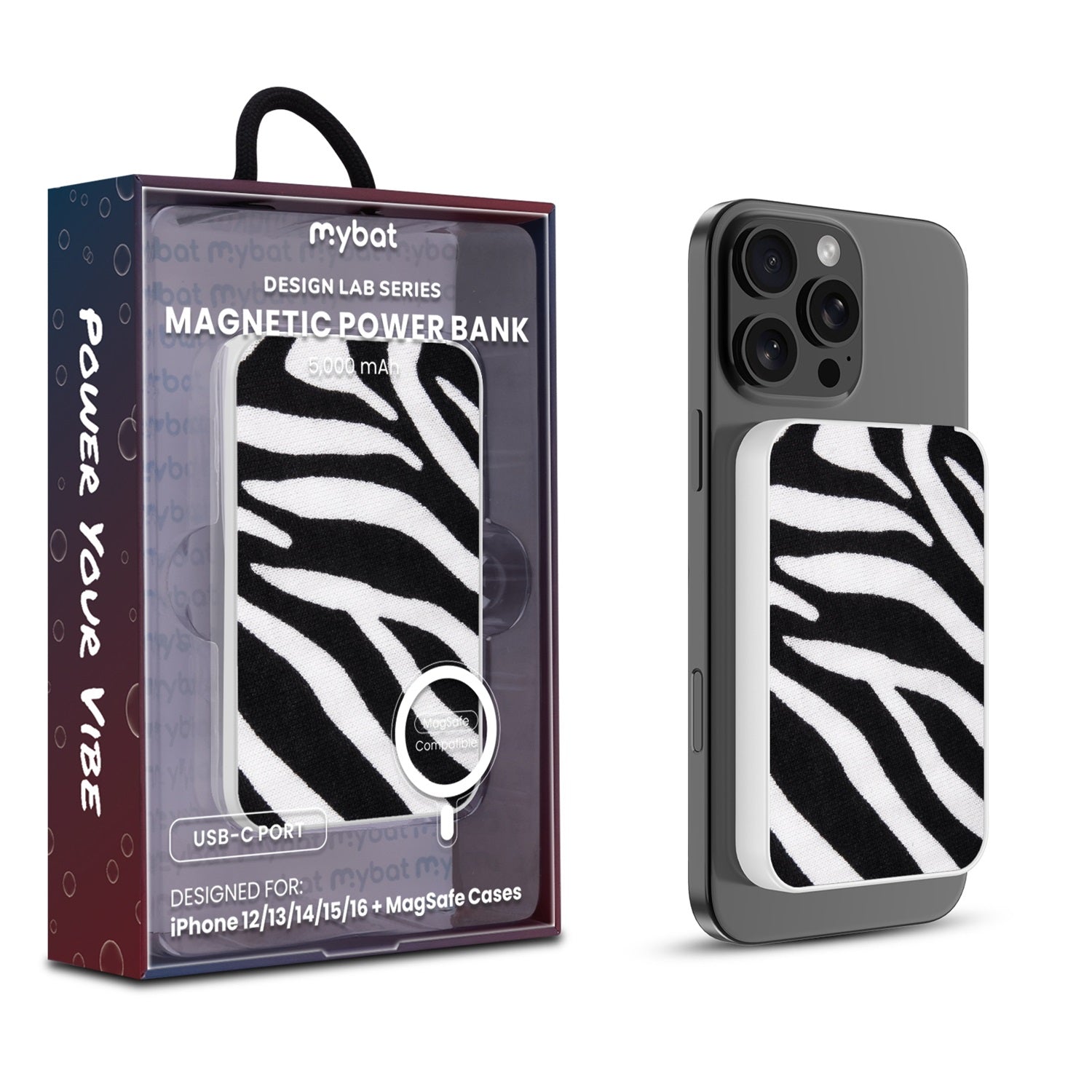 MyBat Design Lab 5000mAh Magnetic Wireless Power Bank - White - Zebra Print