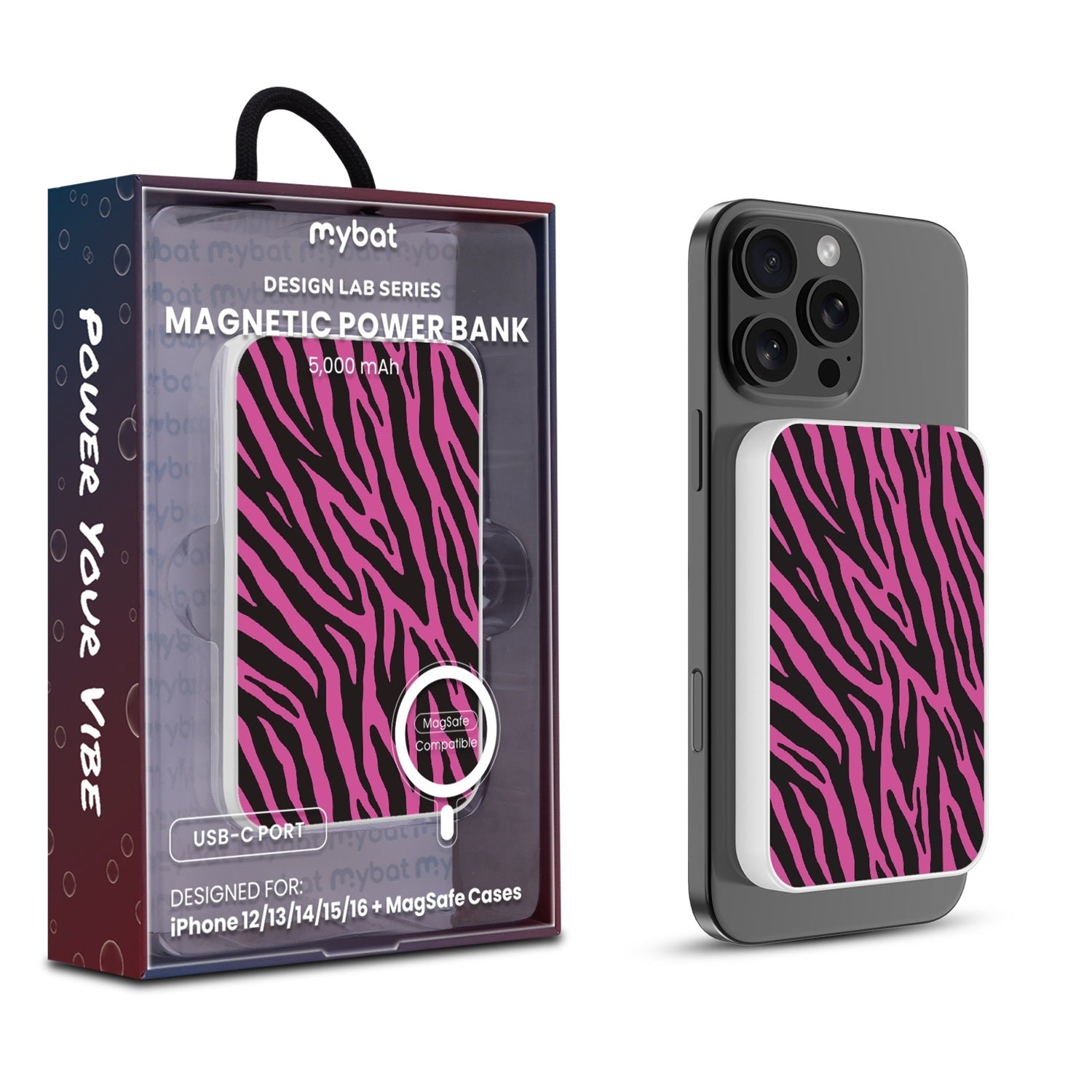 MyBat Design Lab 5000mAh Magnetic Wireless Power Bank - White - Pink Zebra Print