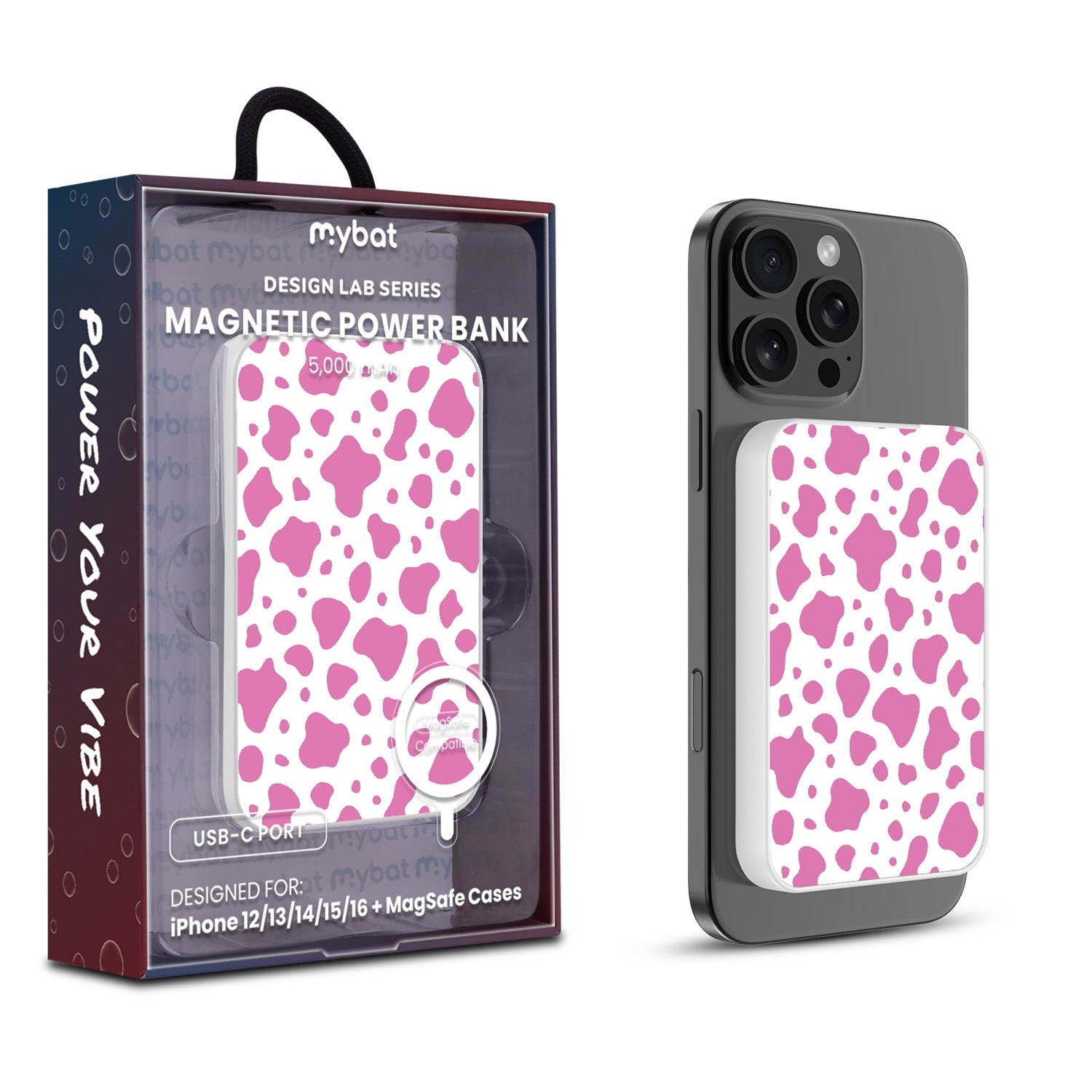MyBat Design Lab 5000mAh Magnetic Wireless Power Bank - White - Pink Cow Print - MPBBAT132-WH-015-1.jpg