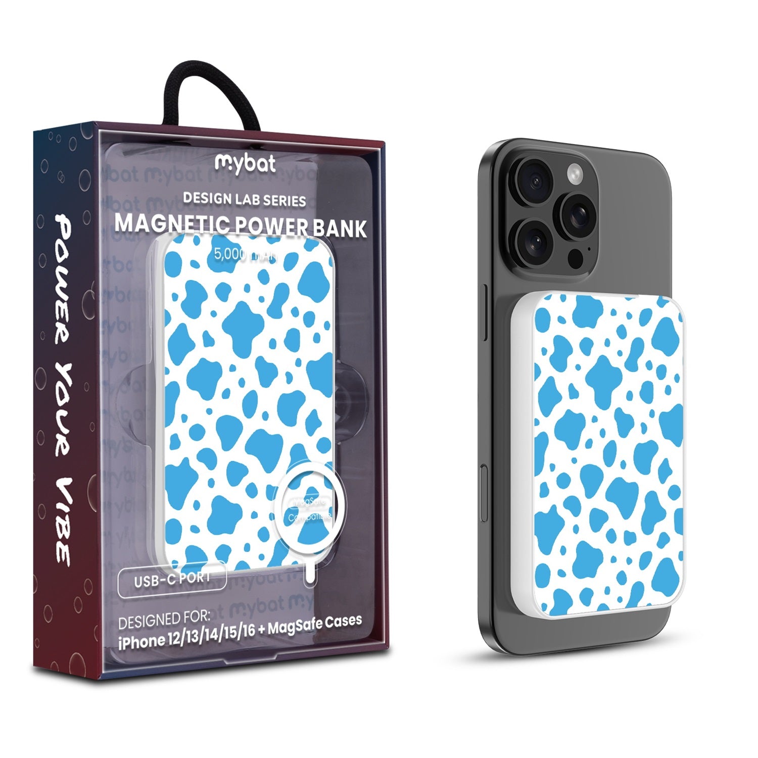 MyBat Design Lab 5000mAh Magnetic Wireless Power Bank - White - Blue Cow Print - MPBBAT132-WH-016-1.jpg