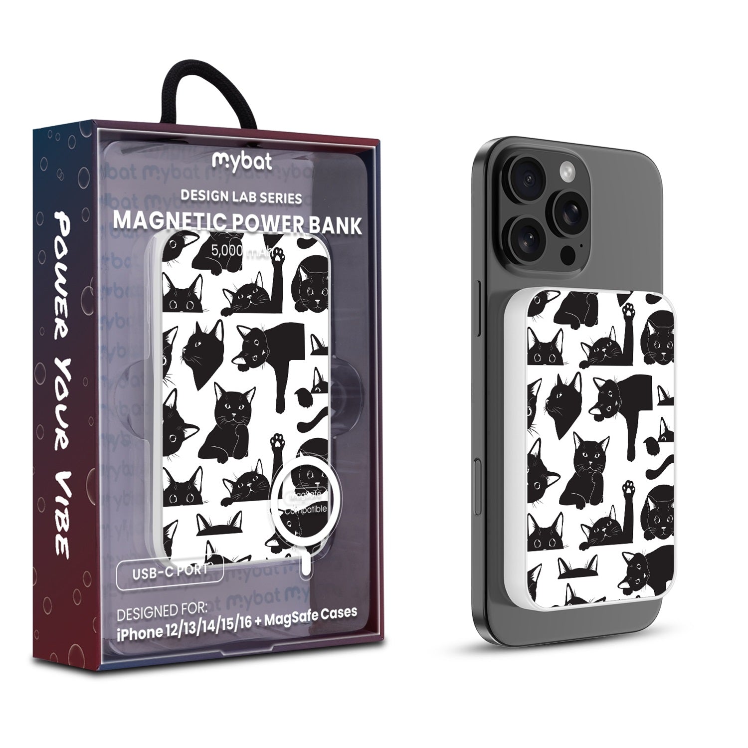 MyBat Design Lab 5000mAh Magnetic Wireless Power Bank - White - Black Cats - MPBBAT132-WH-017-1.jpg