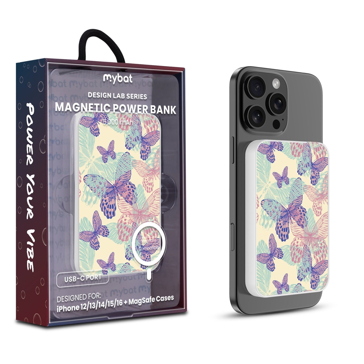 MyBat Design Lab 5000mAh Magnetic Wireless Power Bank - White - Butterflies - MPBBAT132-WH-019-1.jpg