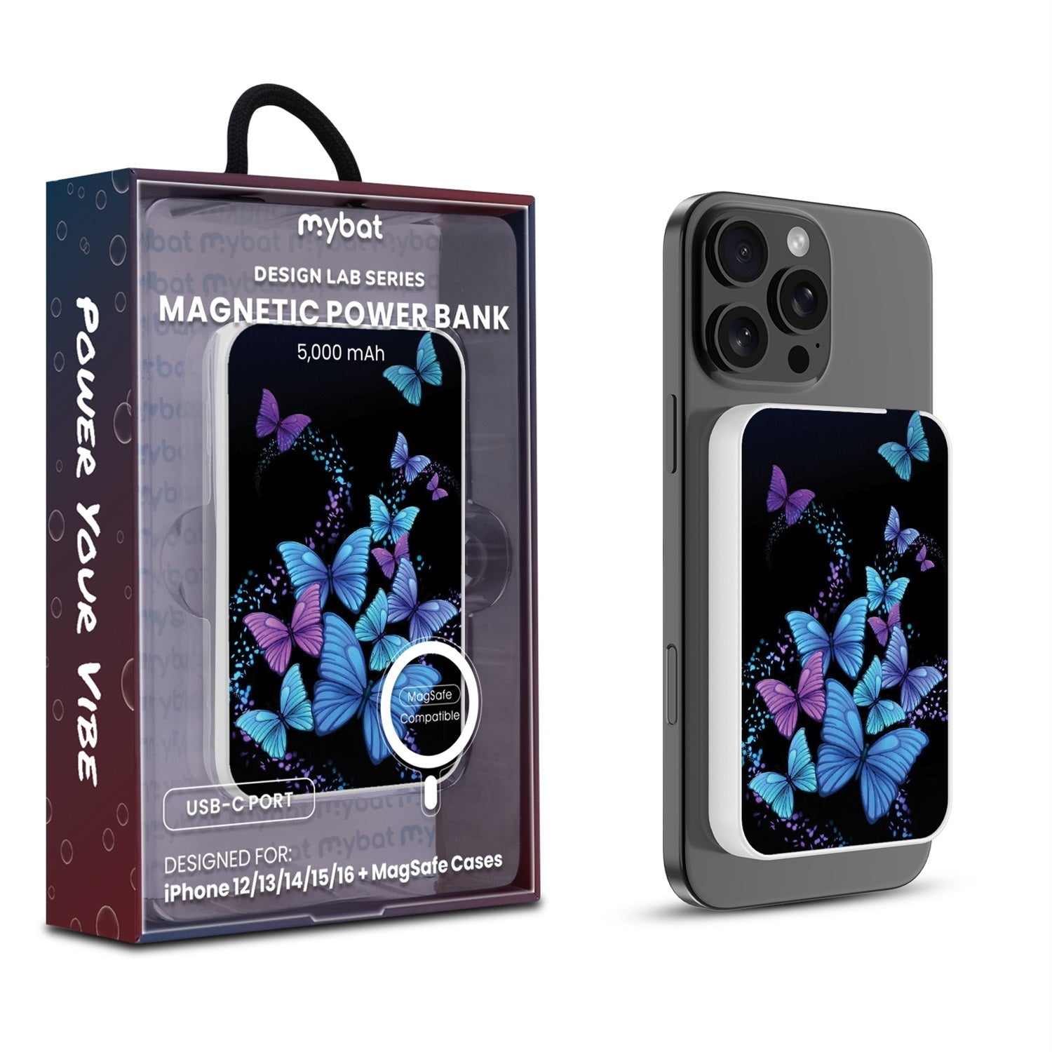 MyBat Design Lab 5000mAh Magnetic Wireless Power Bank - White - Butterfly Night