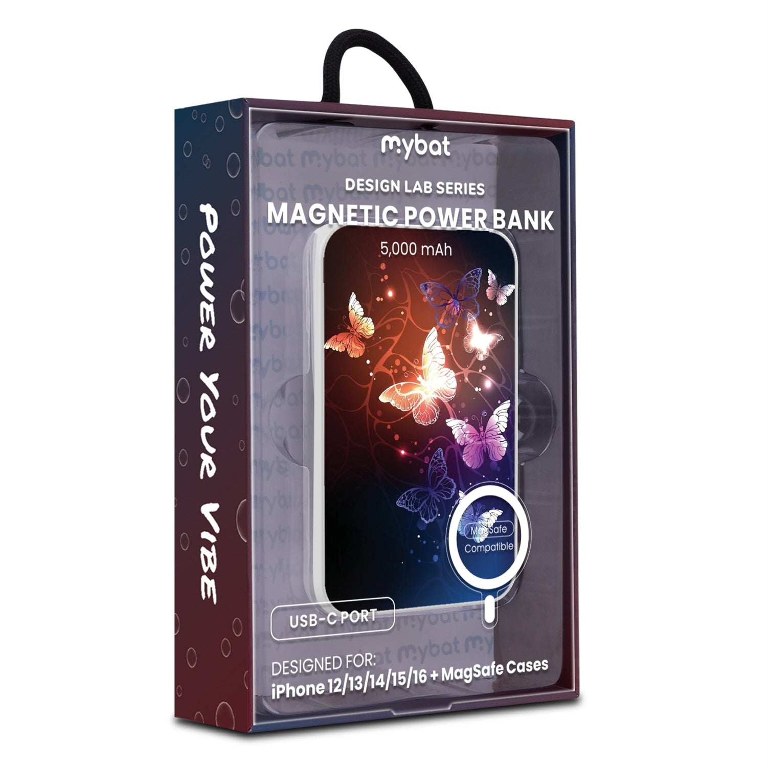 MyBat Design Lab 5000mAh Magnetic Wireless Power Bank - White - Neon Butterflies