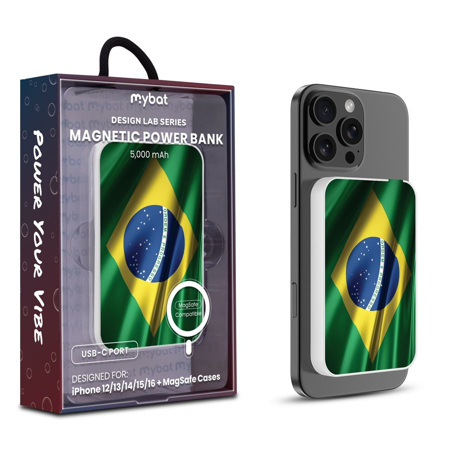 MyBat Design Lab 5000mAh Magnetic Wireless Power Bank - White - Brazilian Flag