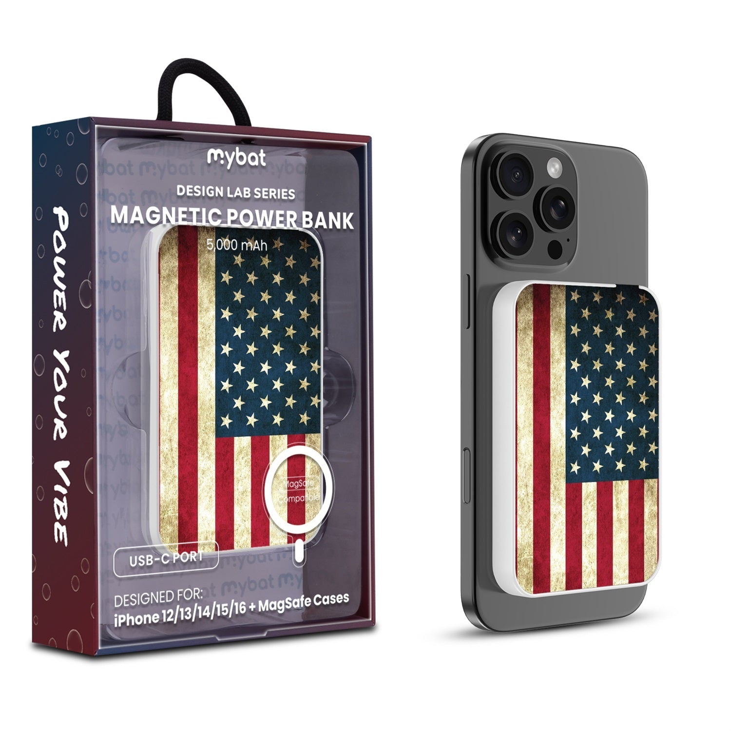 MyBat Design Lab 5000mAh Magnetic Wireless Power Bank - White - American Flag