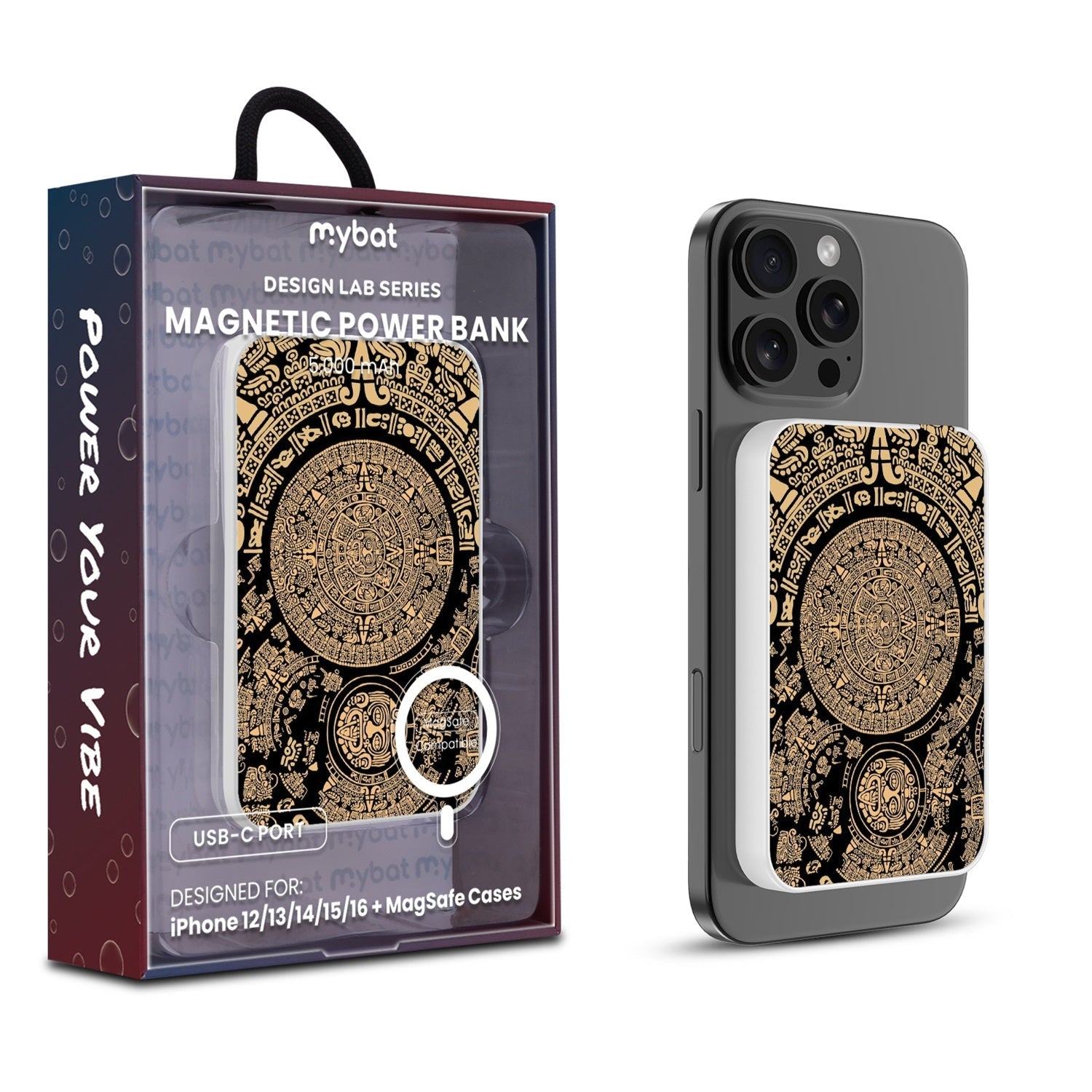 MyBat Design Lab 5000mAh Magnetic Wireless Power Bank - White - Mayan Calendar