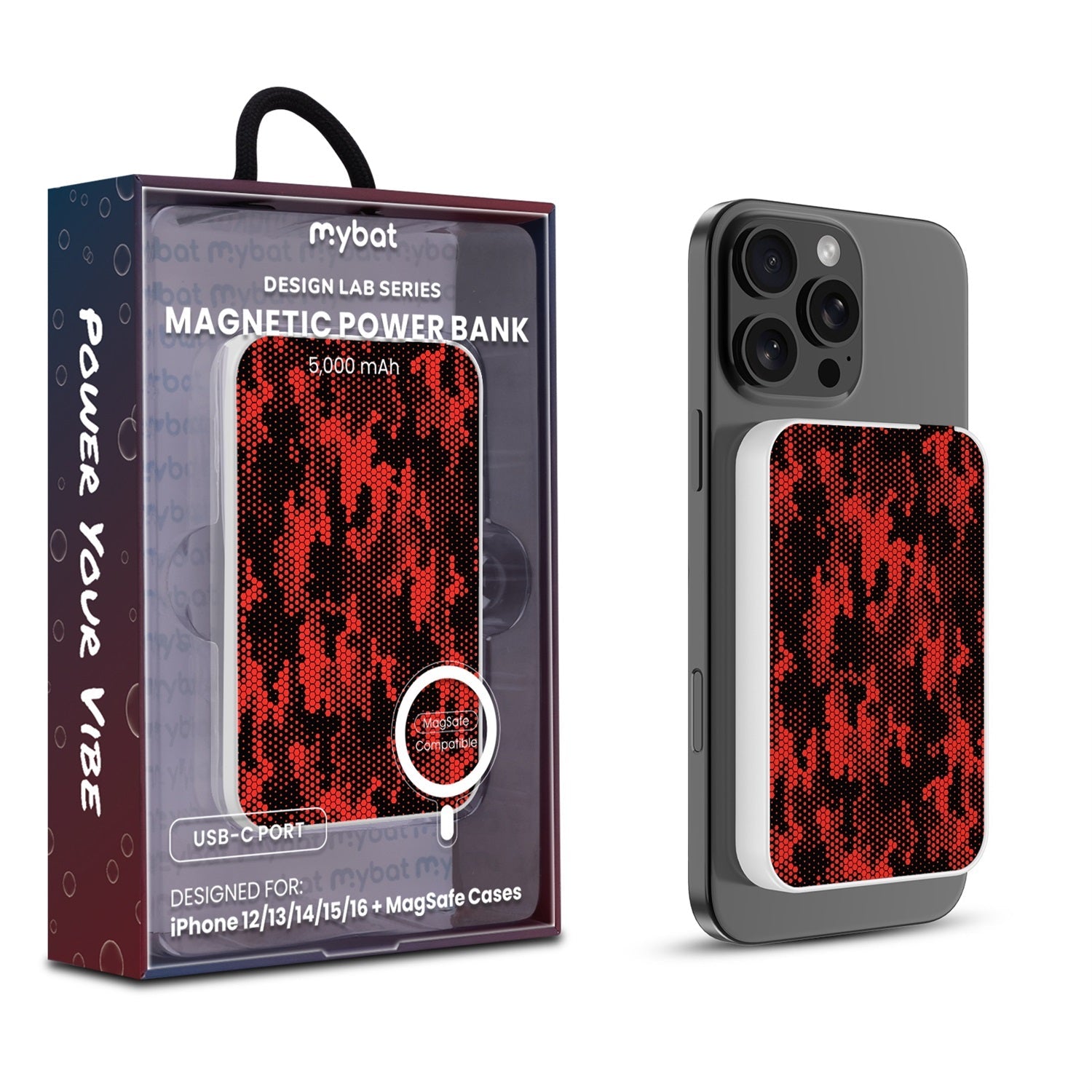 MyBat Design Lab 5000mAh Magnetic Wireless Power Bank - White - Red Digital Camouflage