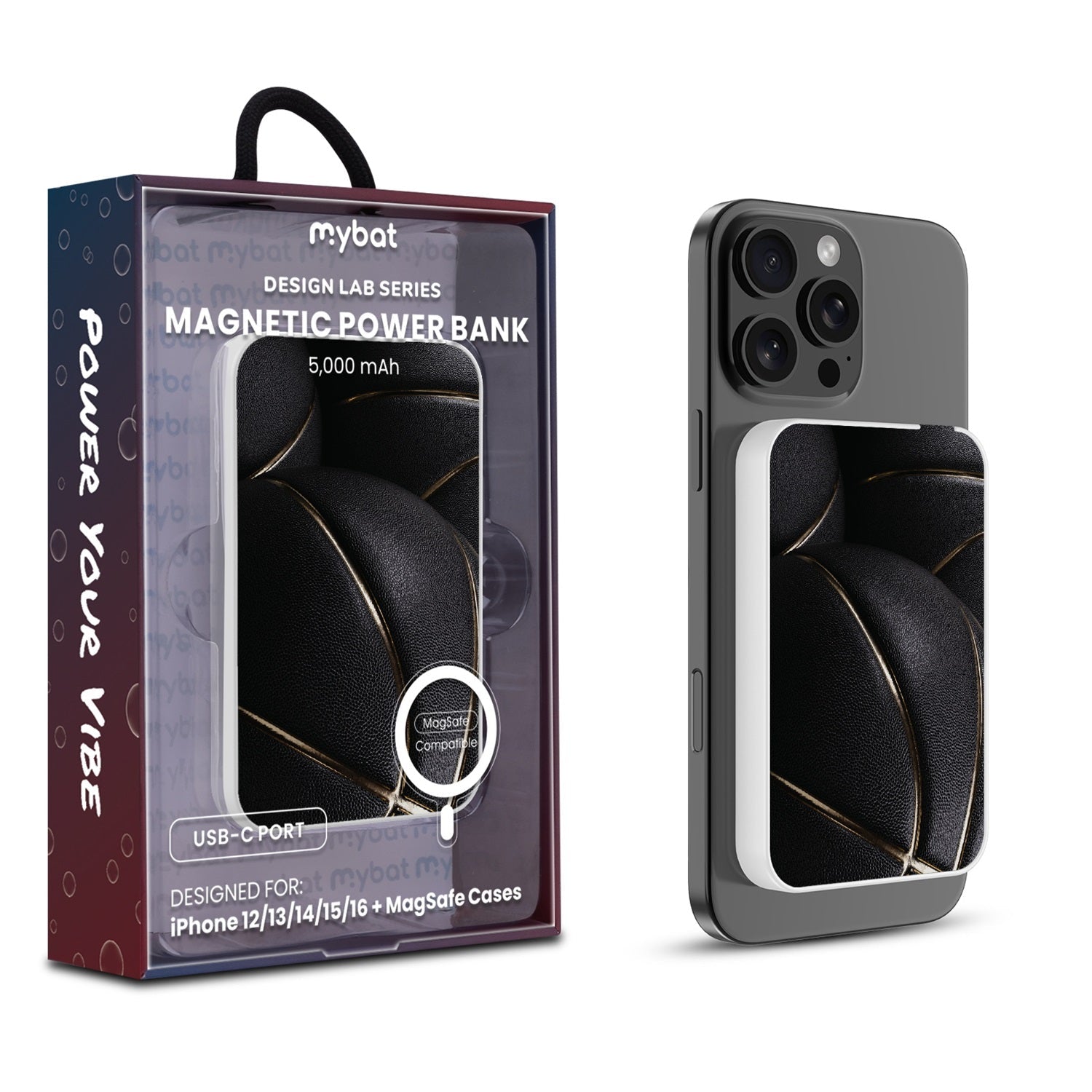 MyBat Design Lab 5000mAh Magnetic Wireless Power Bank - White - Black Basketballs