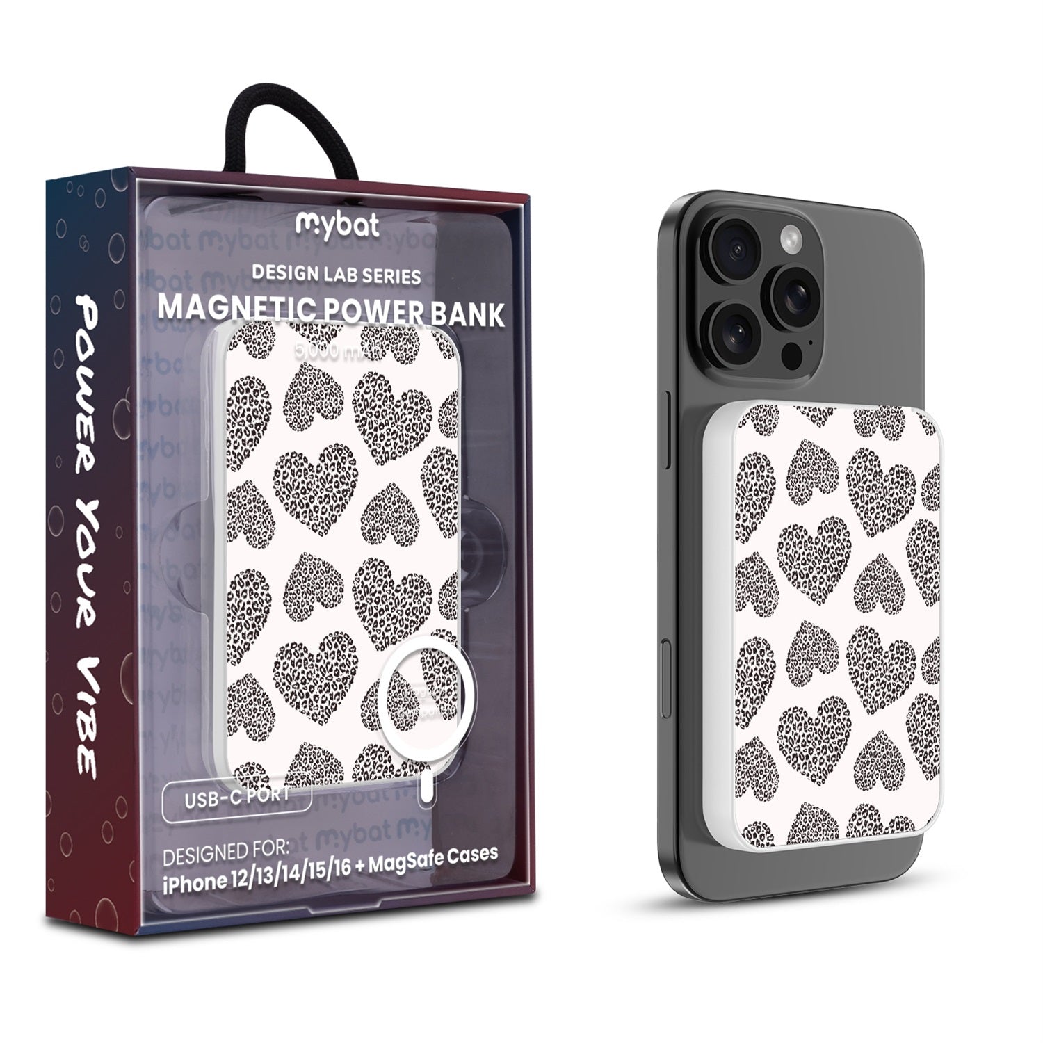 MyBat Design Lab 5000mAh Magnetic Wireless Power Bank - White - Leopard Print Hearts - MPBBAT132-WH-098-1.jpg