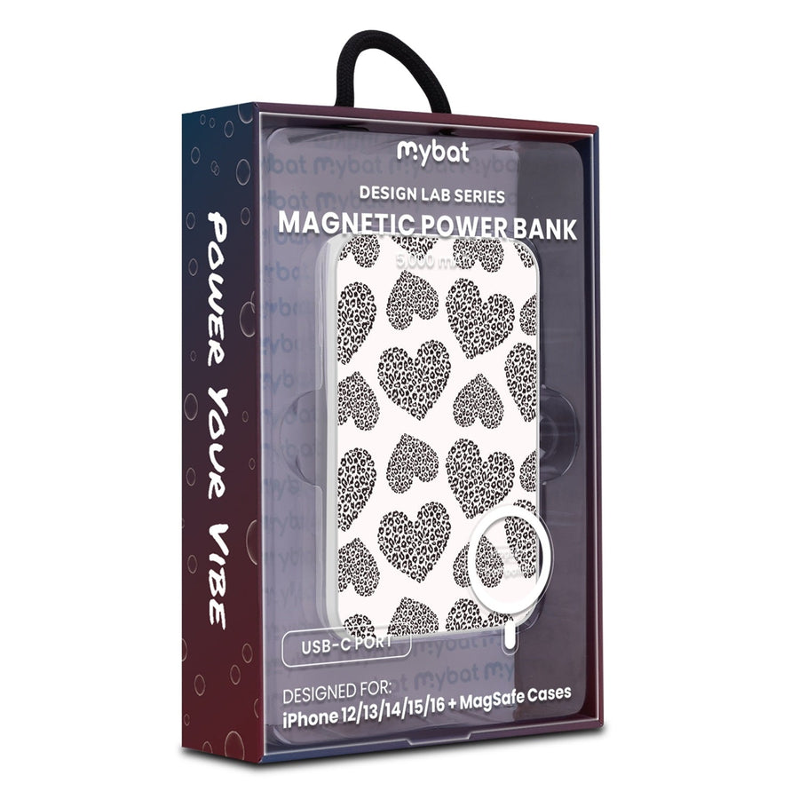 MyBat Design Lab 5000mAh Magnetic Wireless Power Bank - White - Leopard Print Hearts