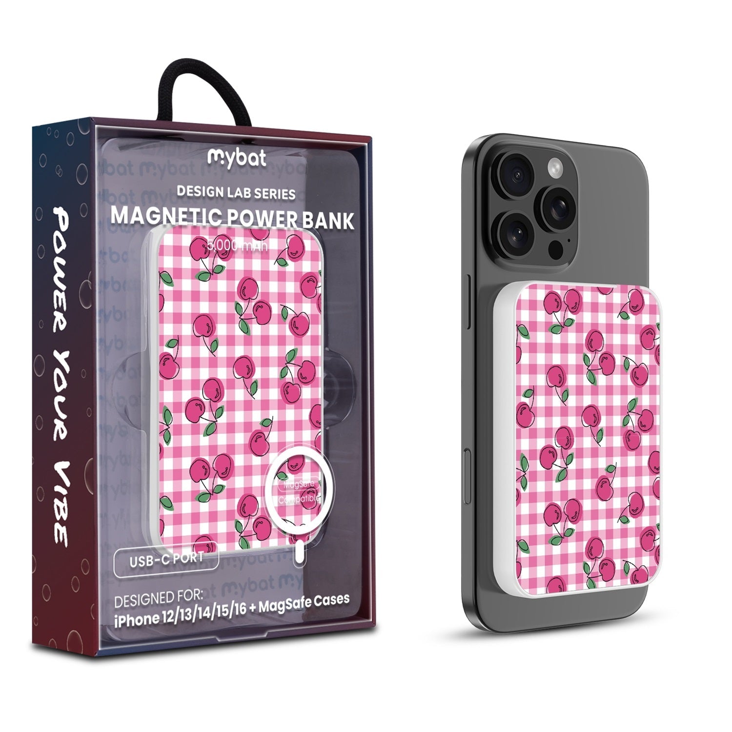 MyBat Design Lab 5000mAh Magnetic Wireless Power Bank - White - Pink Cherries