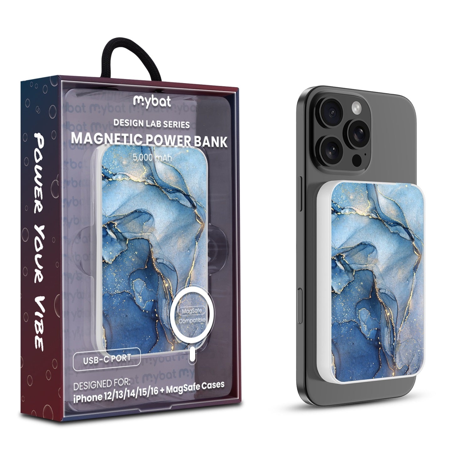 MyBat Design Lab 5000mAh Magnetic Wireless Power Bank - White - Blue Marble