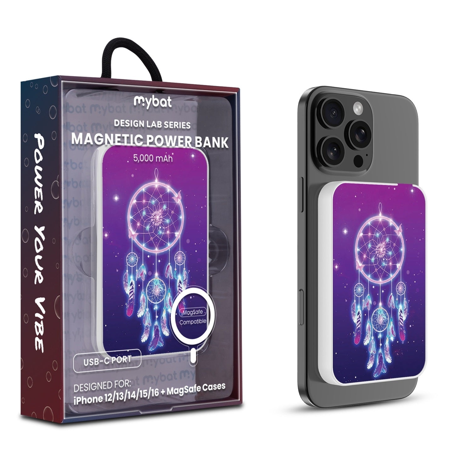 MyBat Design Lab 5000mAh Magnetic Wireless Power Bank - White - Neon Dreamcatcher