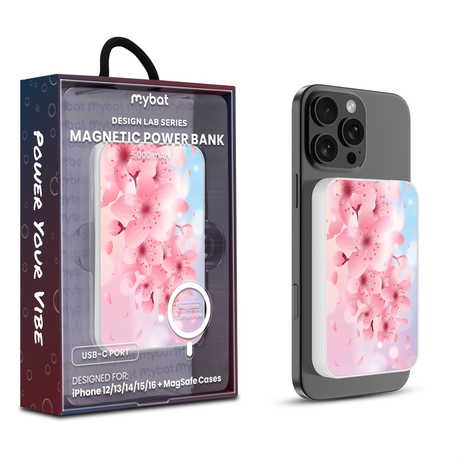 MyBat Design Lab 5000mAh Magnetic Wireless Power Bank - White - Cherry Blossoms