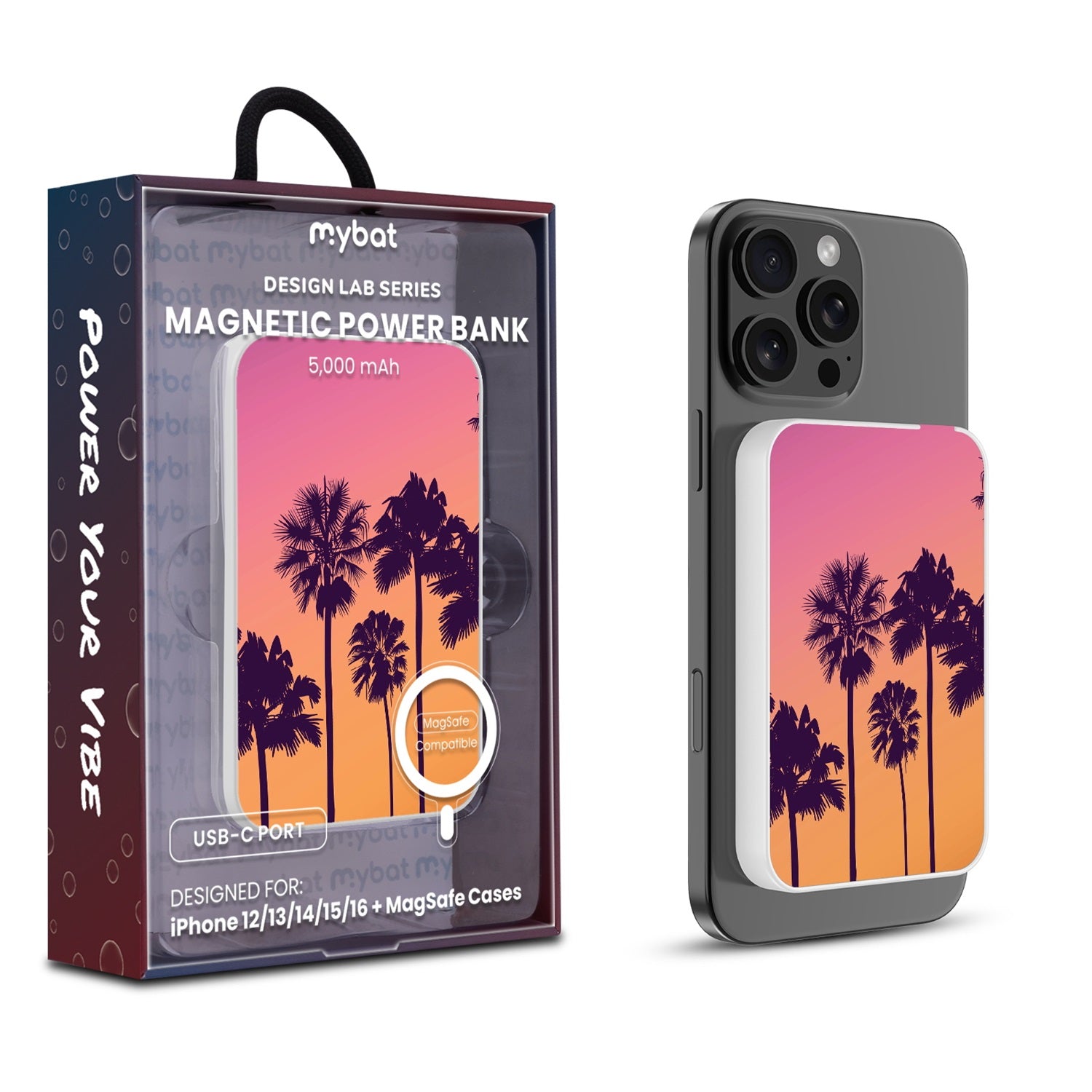 MyBat Design Lab 5000mAh Magnetic Wireless Power Bank - White - Palm Tree Sunset - MPBBAT132-WH-136-1.jpg