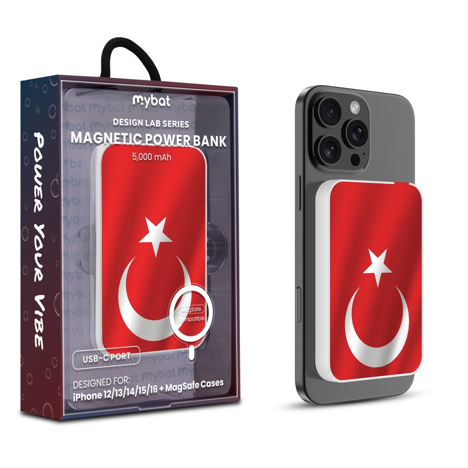 MyBat Design Lab 5000mAh Magnetic Wireless Power Bank - White - Turkey Flag