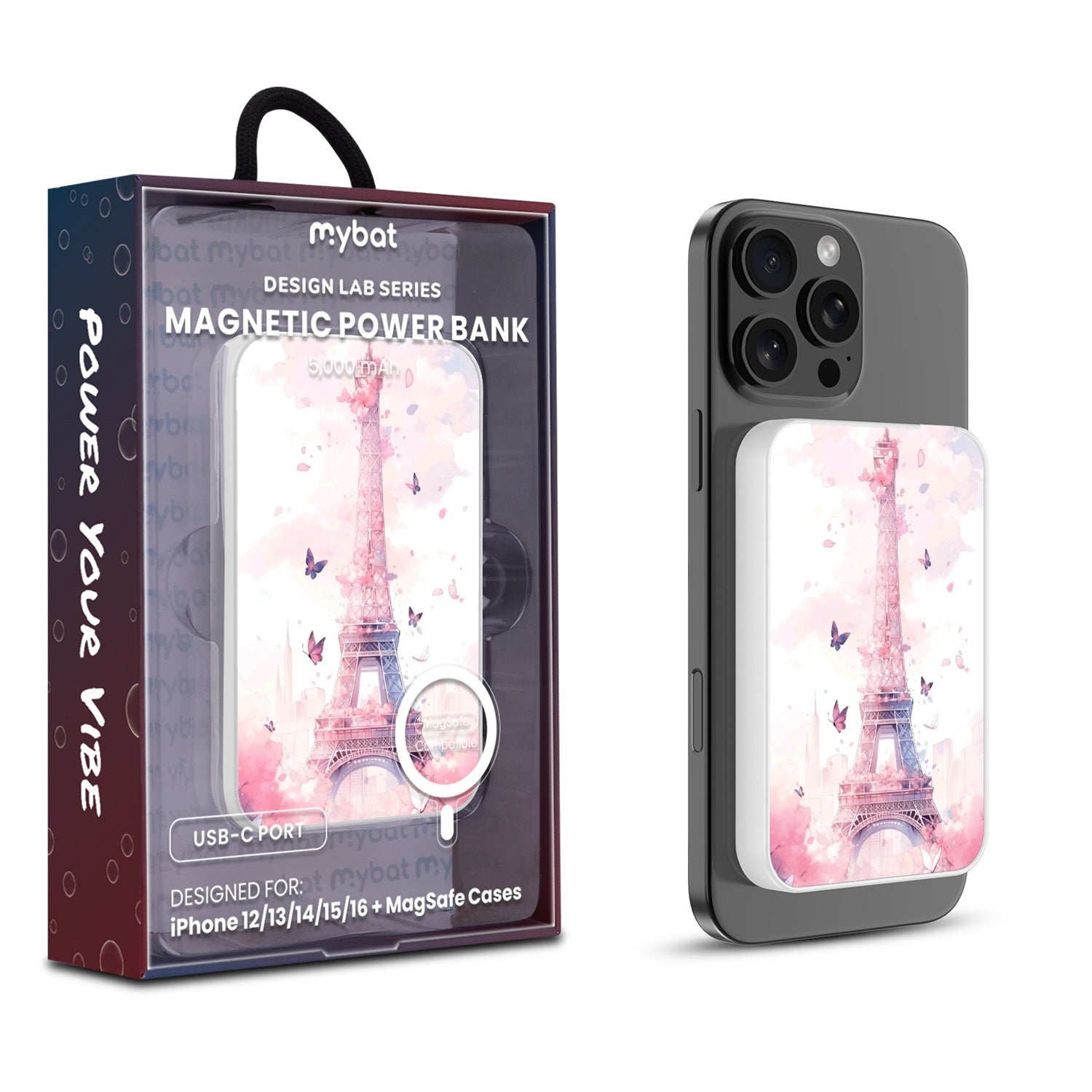 MyBat Design Lab 5000mAh Magnetic Wireless Power Bank - White - Parisian Butterflies