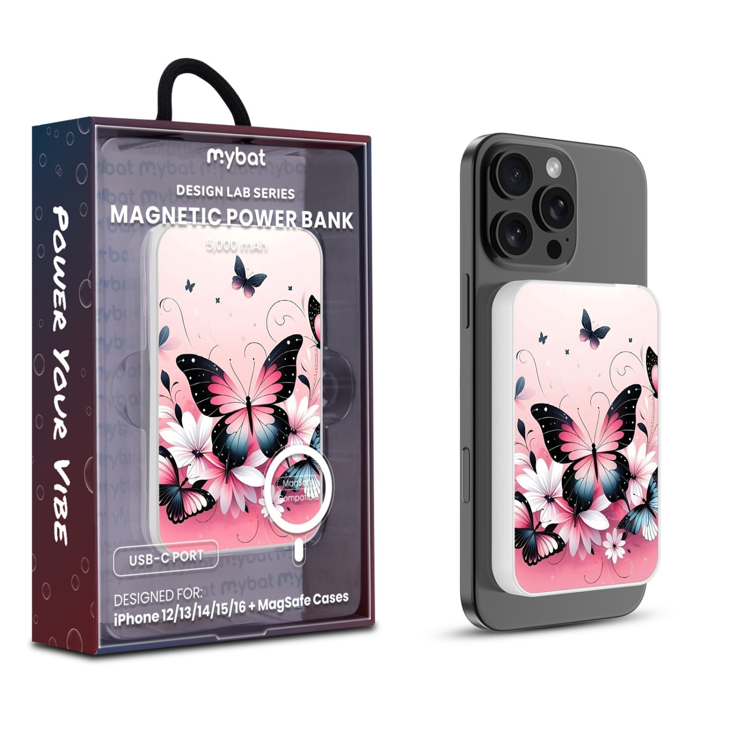 MyBat Design Lab 5000mAh Magnetic Wireless Power Bank - White - Butterfly Bouquet