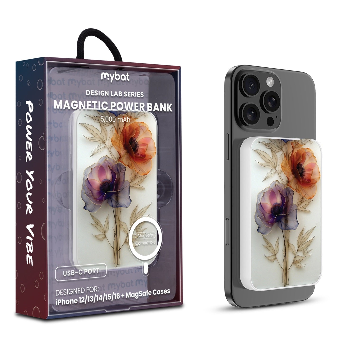 MyBat Design Lab 5000mAh Magnetic Wireless Power Bank - White - Pressed Flowers