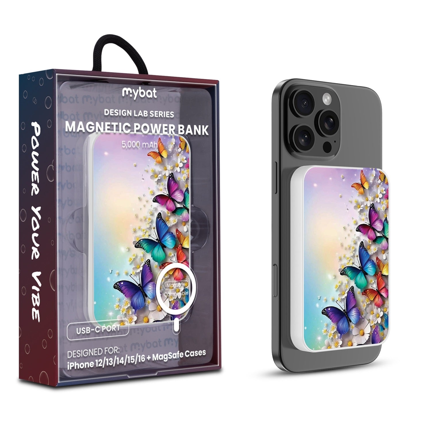 MyBat Design Lab 5000mAh Magnetic Wireless Power Bank - White - Rainbow Butterflies - MPBBAT132-WH-187-1.jpg