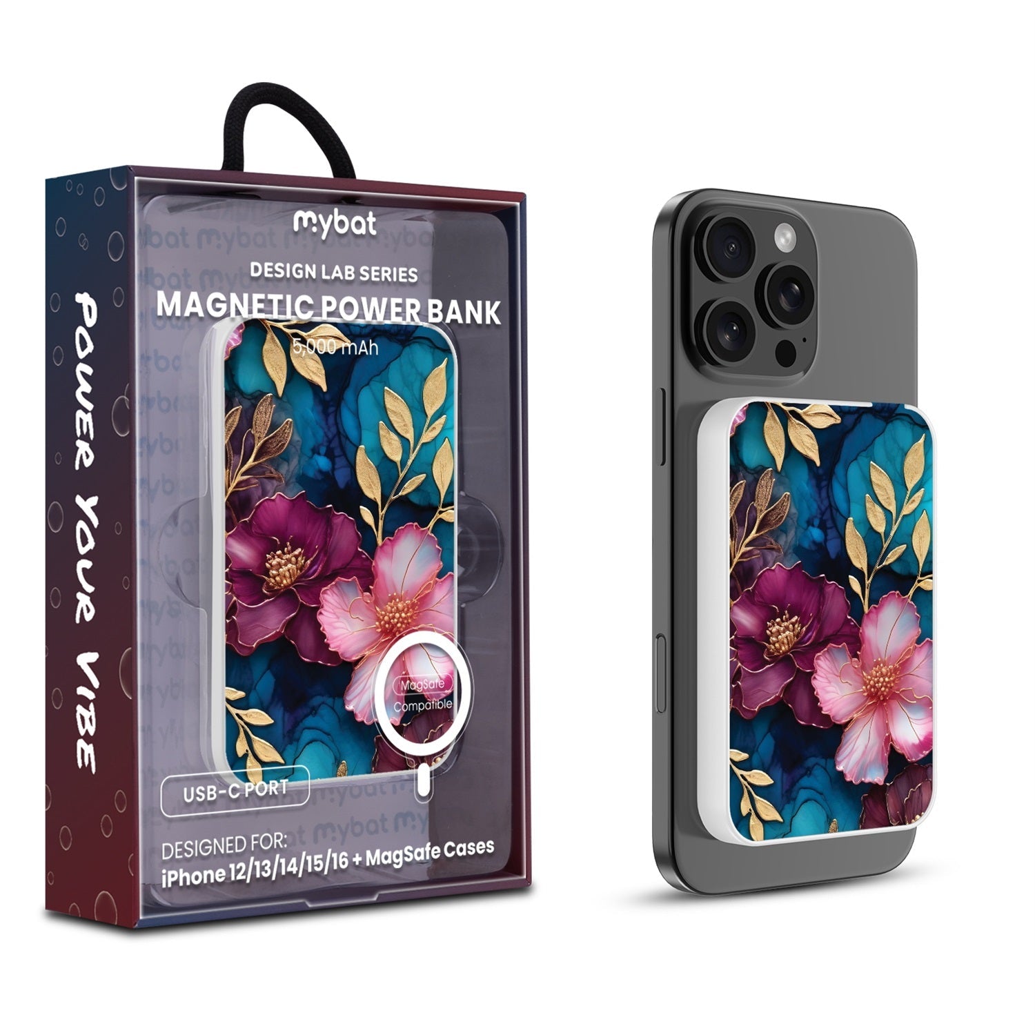 MyBat Design Lab 5000mAh Magnetic Wireless Power Bank - White - Gilded Petals