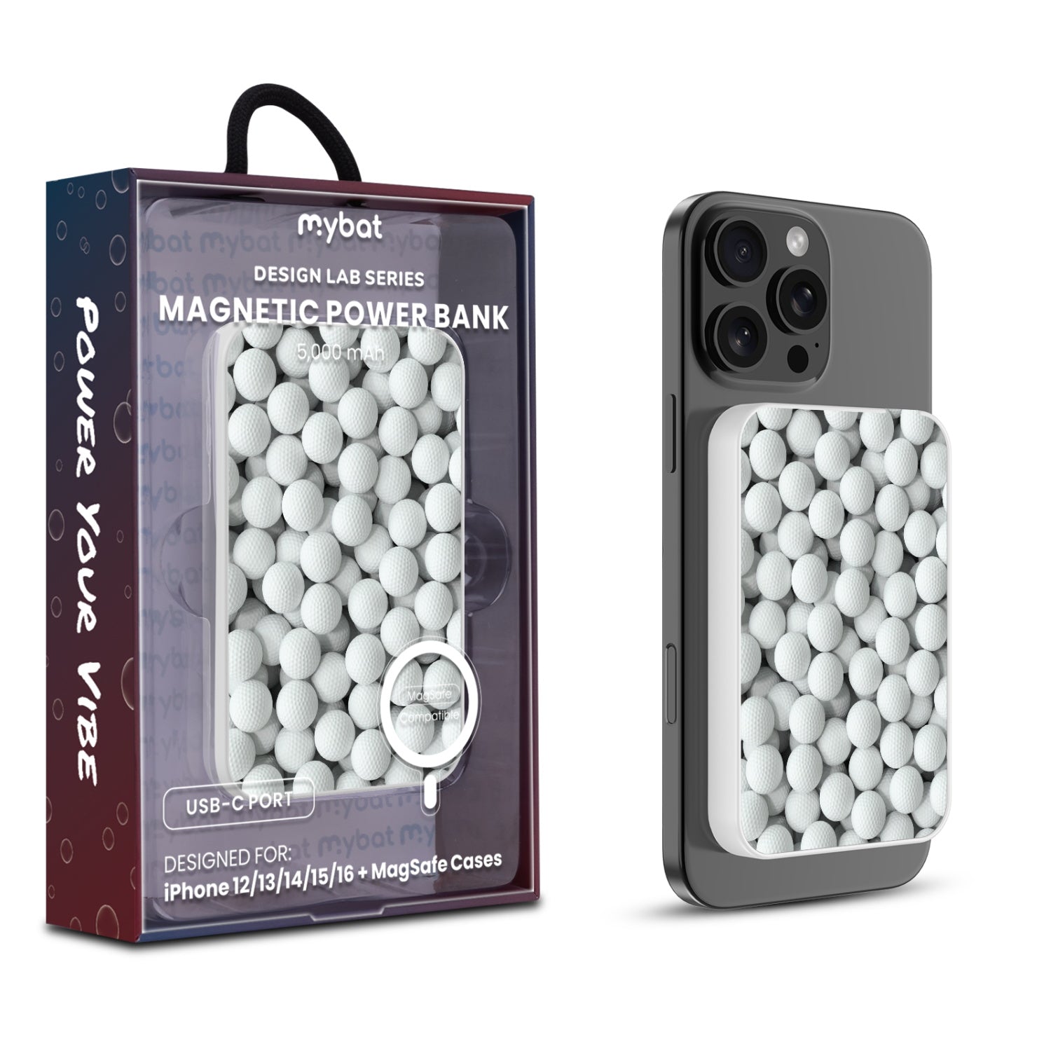 MyBat Design Lab 5000mAh Magnetic Wireless Power Bank - White - Golf Balls