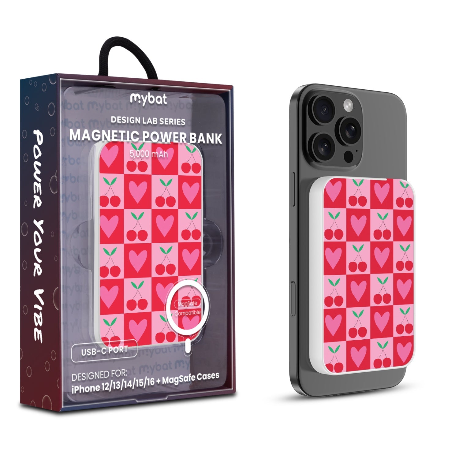 MyBat Design Lab 5000mAh Magnetic Wireless Power Bank - White - Cherry Hearts