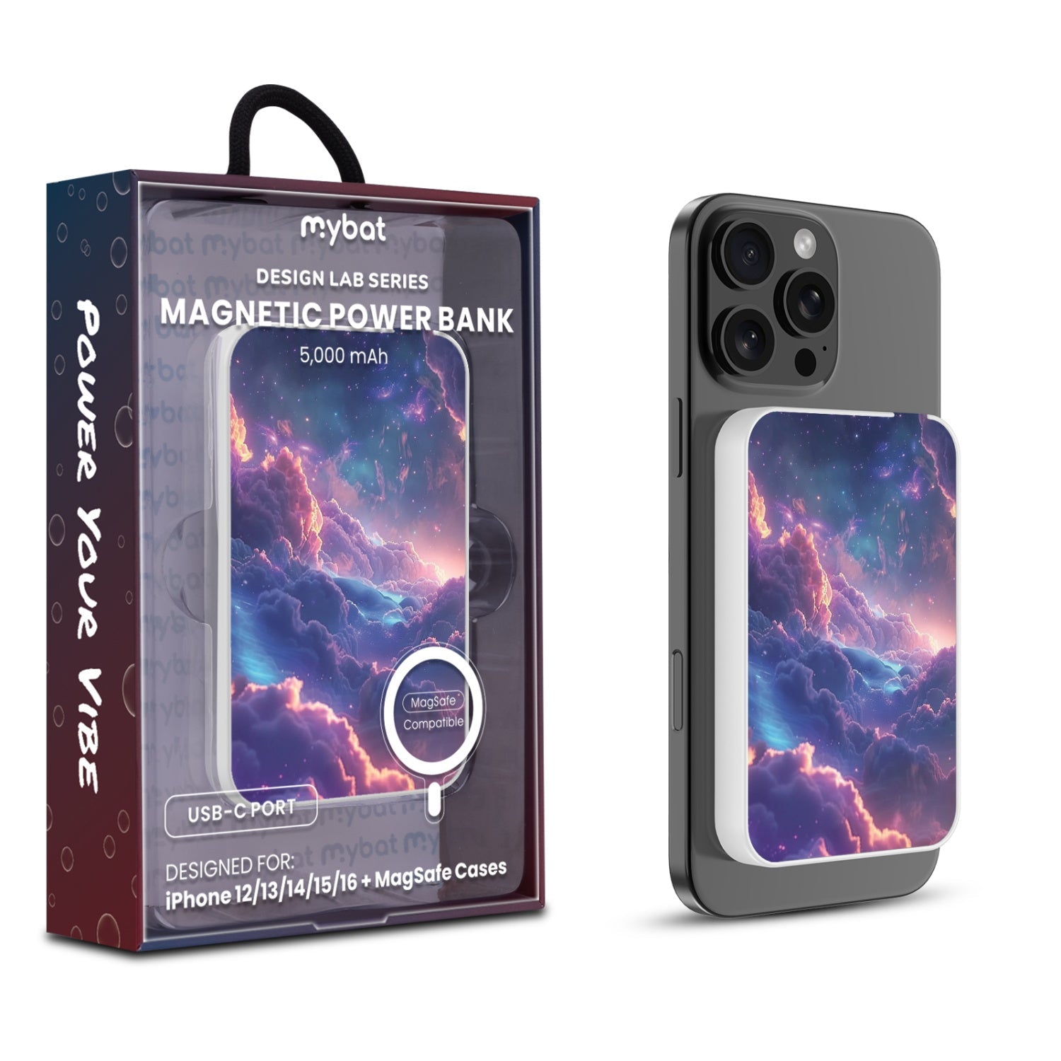 MyBat Design Lab 5000mAh Magnetic Wireless Power Bank - White - Galaxy Clouds