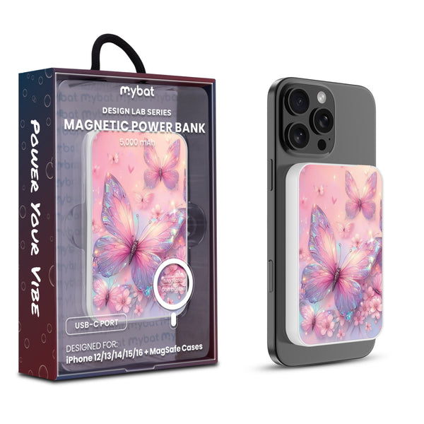 MyBat Design Lab 5000mAh Magnetic Wireless Power Bank - White - Pink Butterflies - MPBBAT132-WH-361-1.jpg