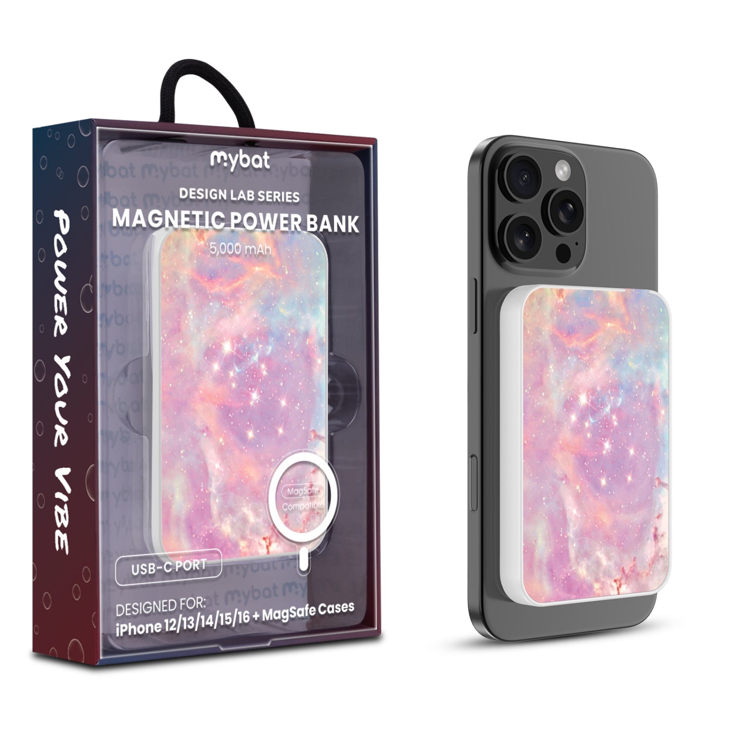 MyBat Design Lab 5000mAh Magnetic Wireless Power Bank - White - Pink Galaxies