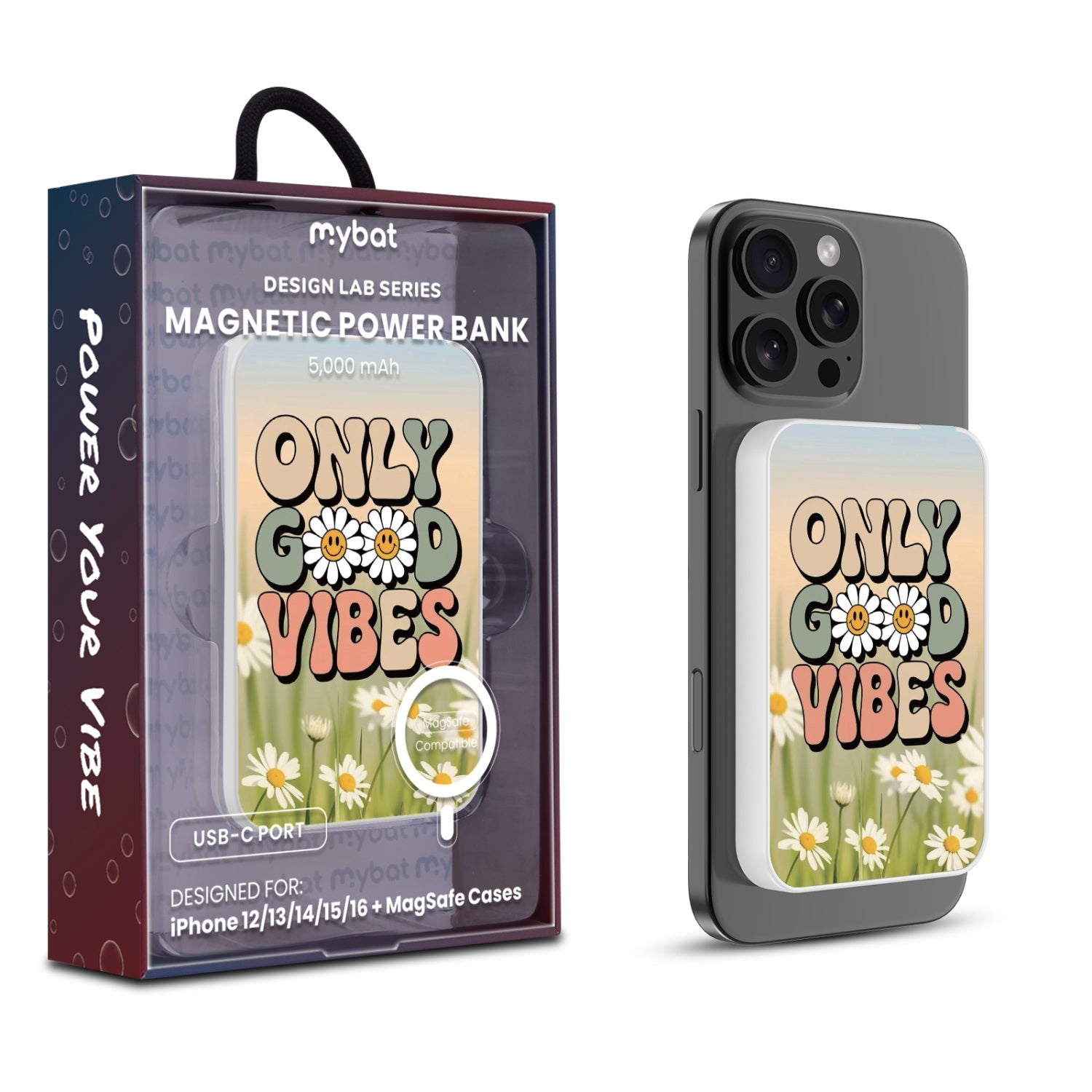 MyBat Design Lab 5000mAh Magnetic Wireless Power Bank - White - Only Good Vibes